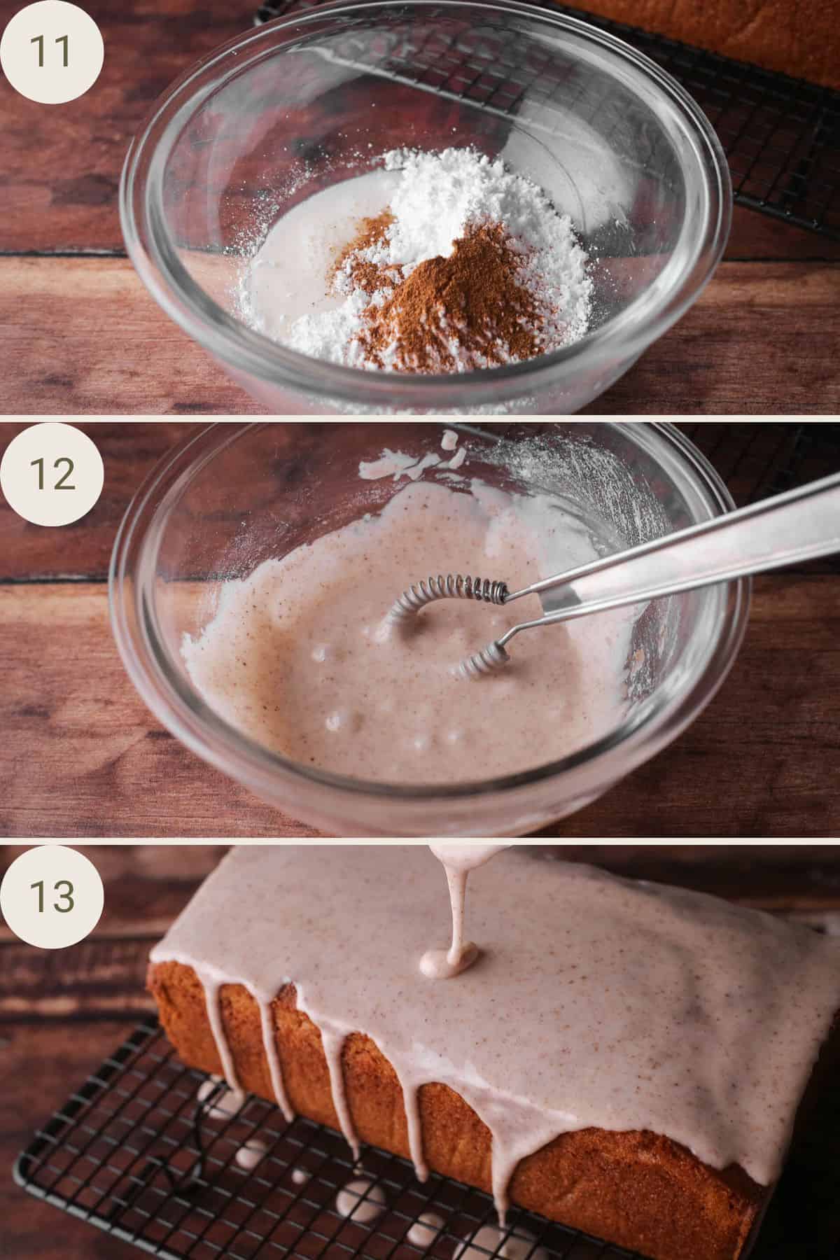 Ingredients for icing in a small bowl then whisked together until smooth and spooned over apple butter cake on a wire rack.