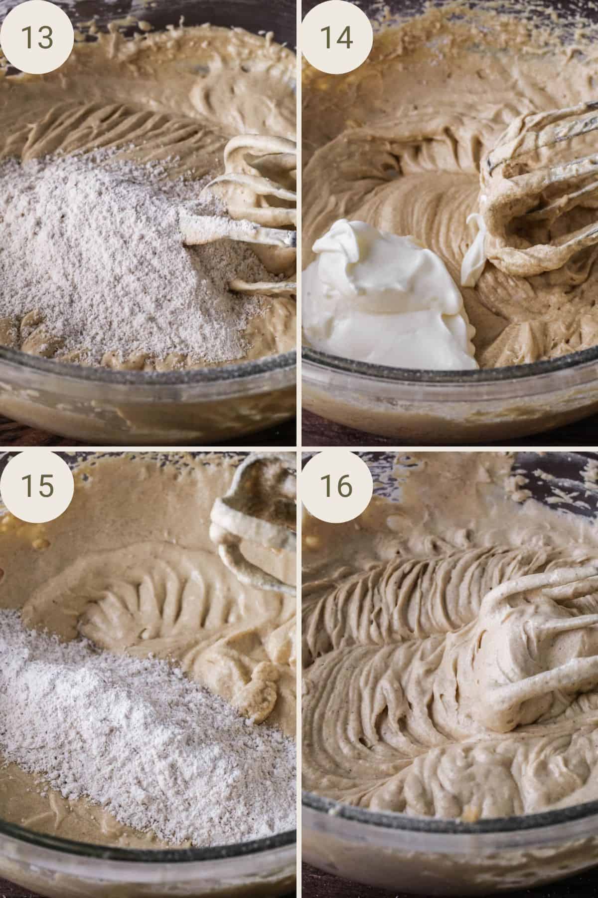 2nd batch of flour added, mixed in, followed by rest of sour cream, mixed in, followed by rest of the flour. Mixed until combined.