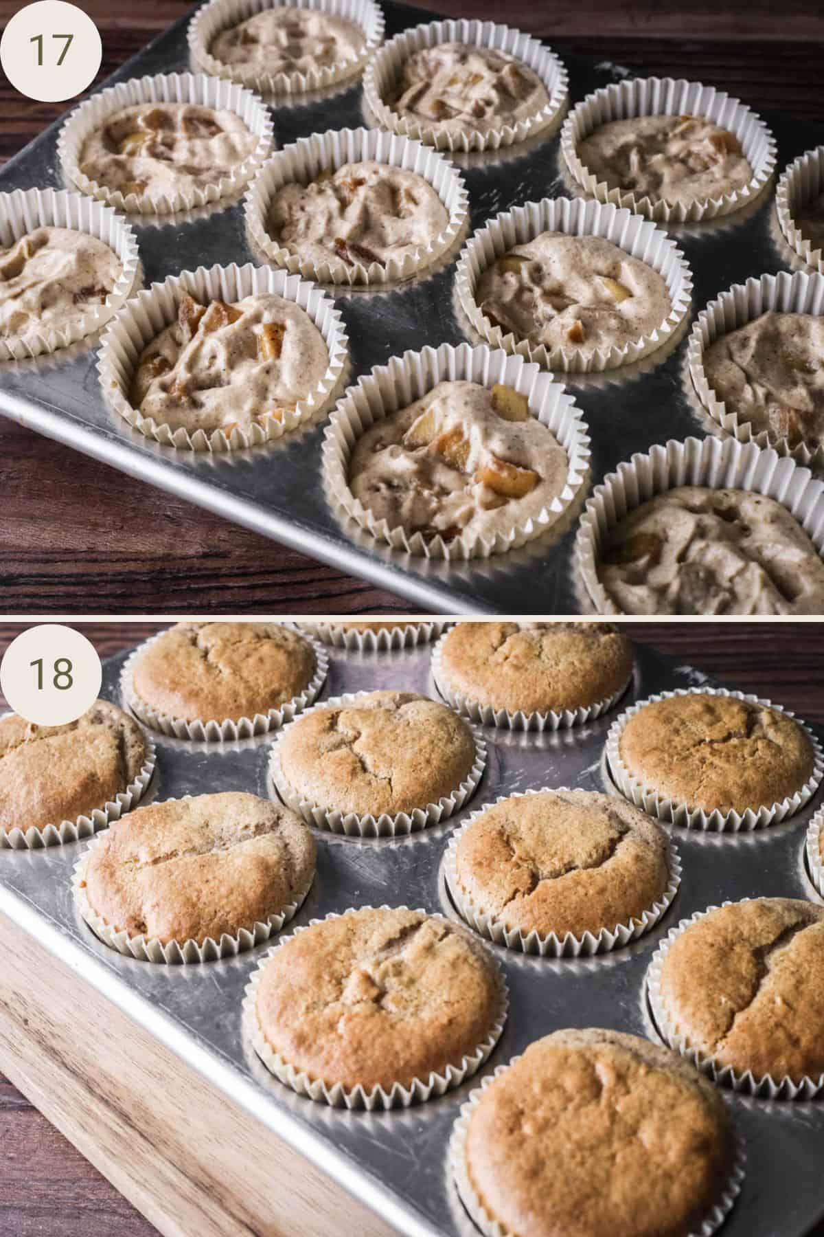 Cake batter and apples added to cupcake cases. Baked until golden.