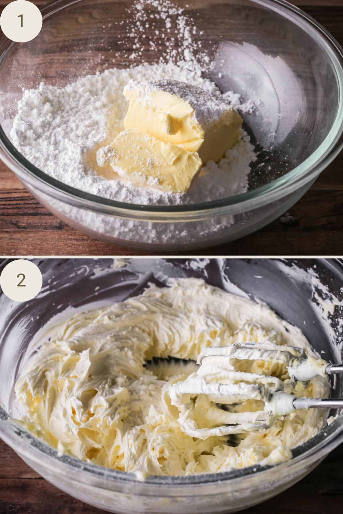 Butter and icing sugar in a bowl. Mixed until creamy.