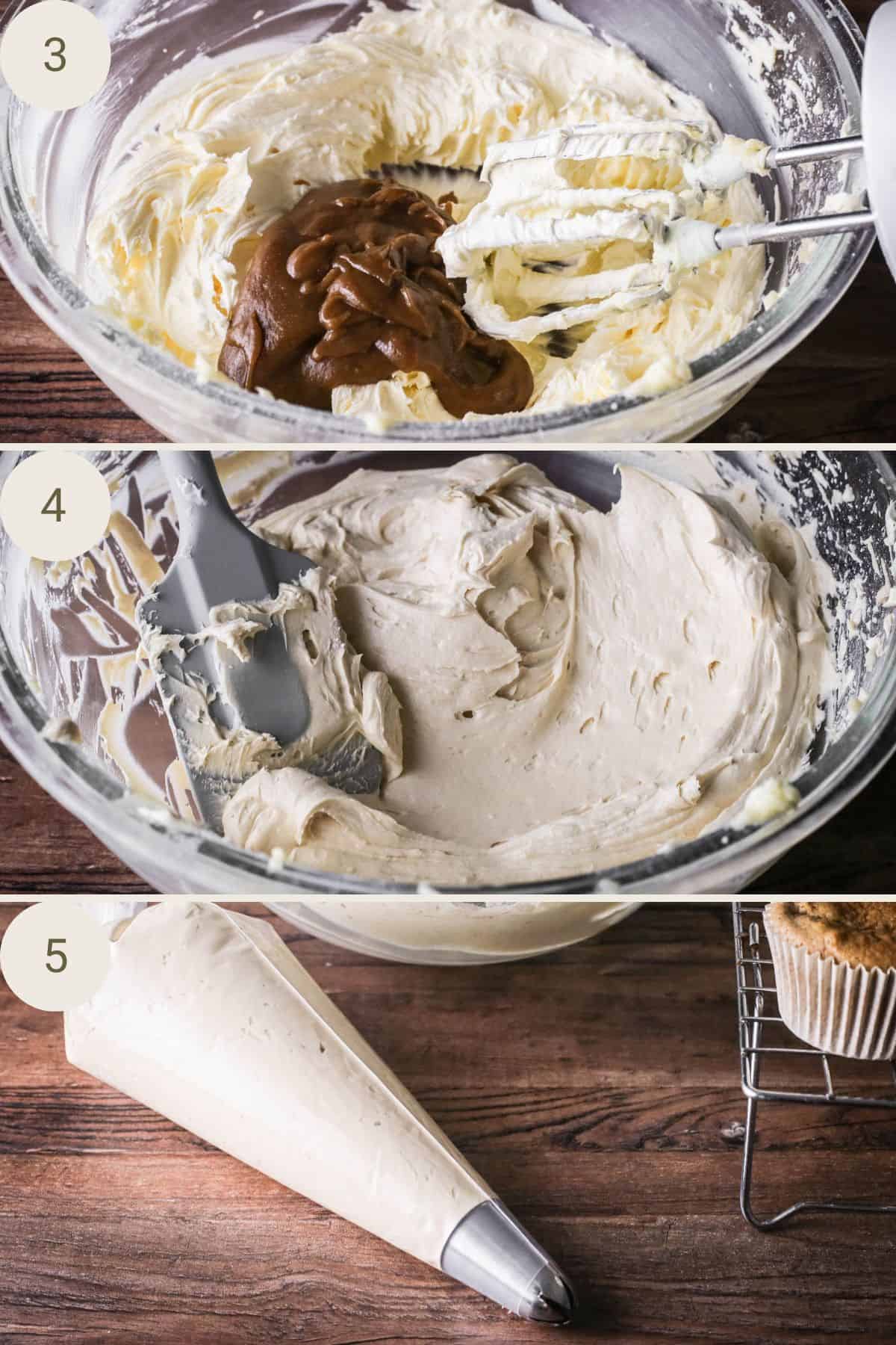 Sticky toffee sauce added to bowl, mixed together. Buttercream in piping bag.