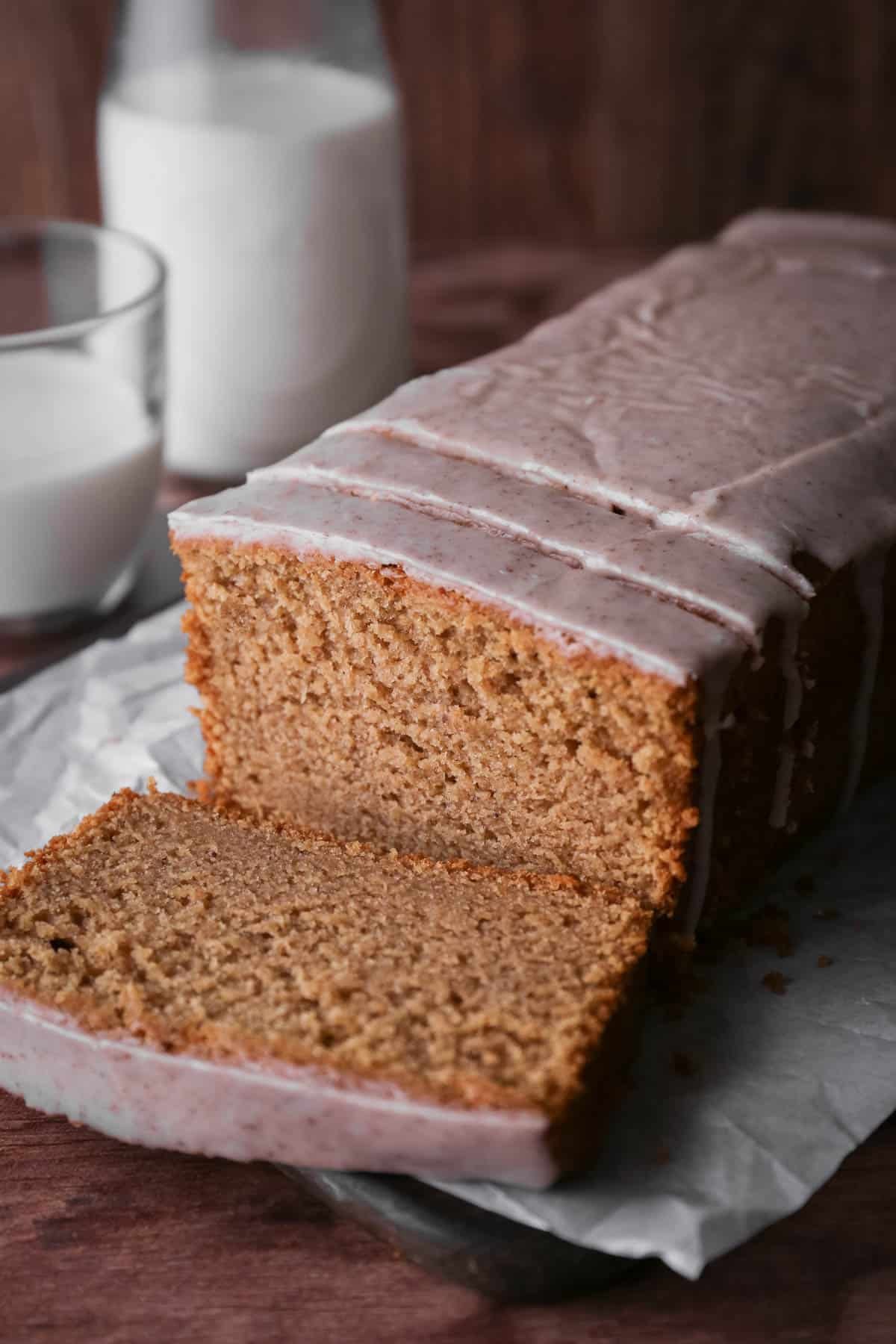 Apple Butter Cake sliced to show its soft moist tender crumb.
