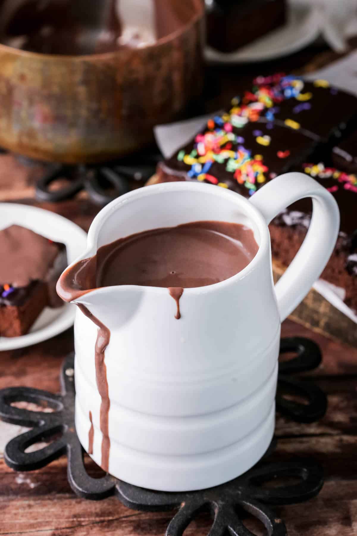 Chocolate Custard served in a large jug.