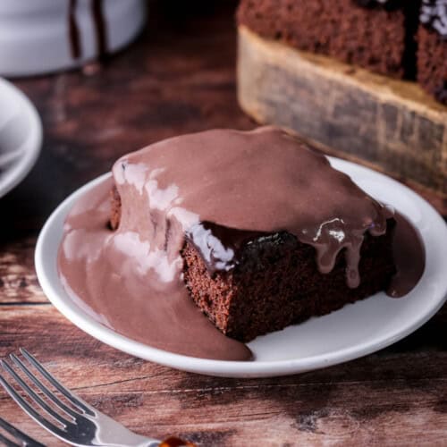 Chocolate sponge cake covered in rich velvety smooth chocolate custard.