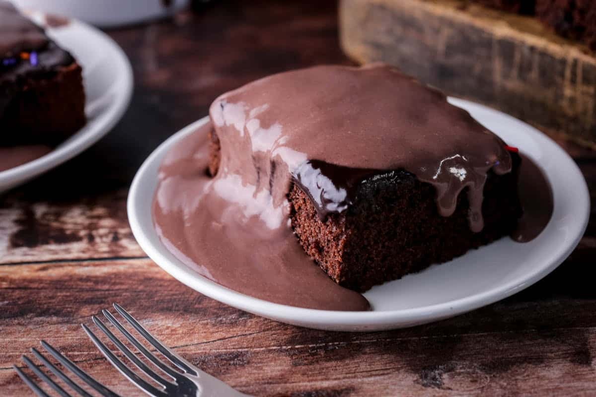 Chocolate sponge cake covered in rich velvety smooth chocolate custard.