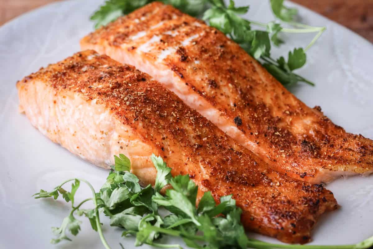 Everyday Seasoning Blend coated on grilled salmon.