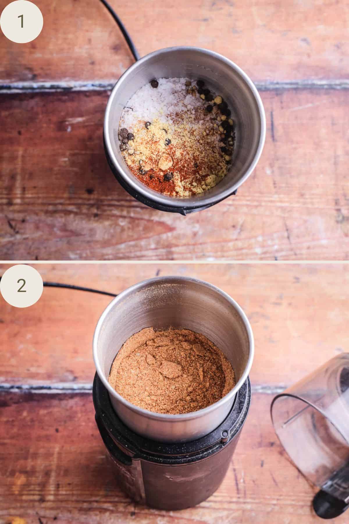 Spices and salt and pepper in spice grinder before and after grinder when it's very fine powder.