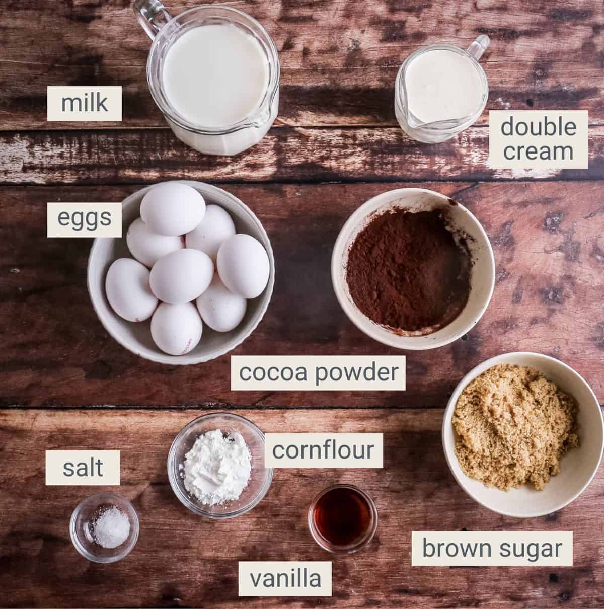 Chocolate Custard ingredients on a table.