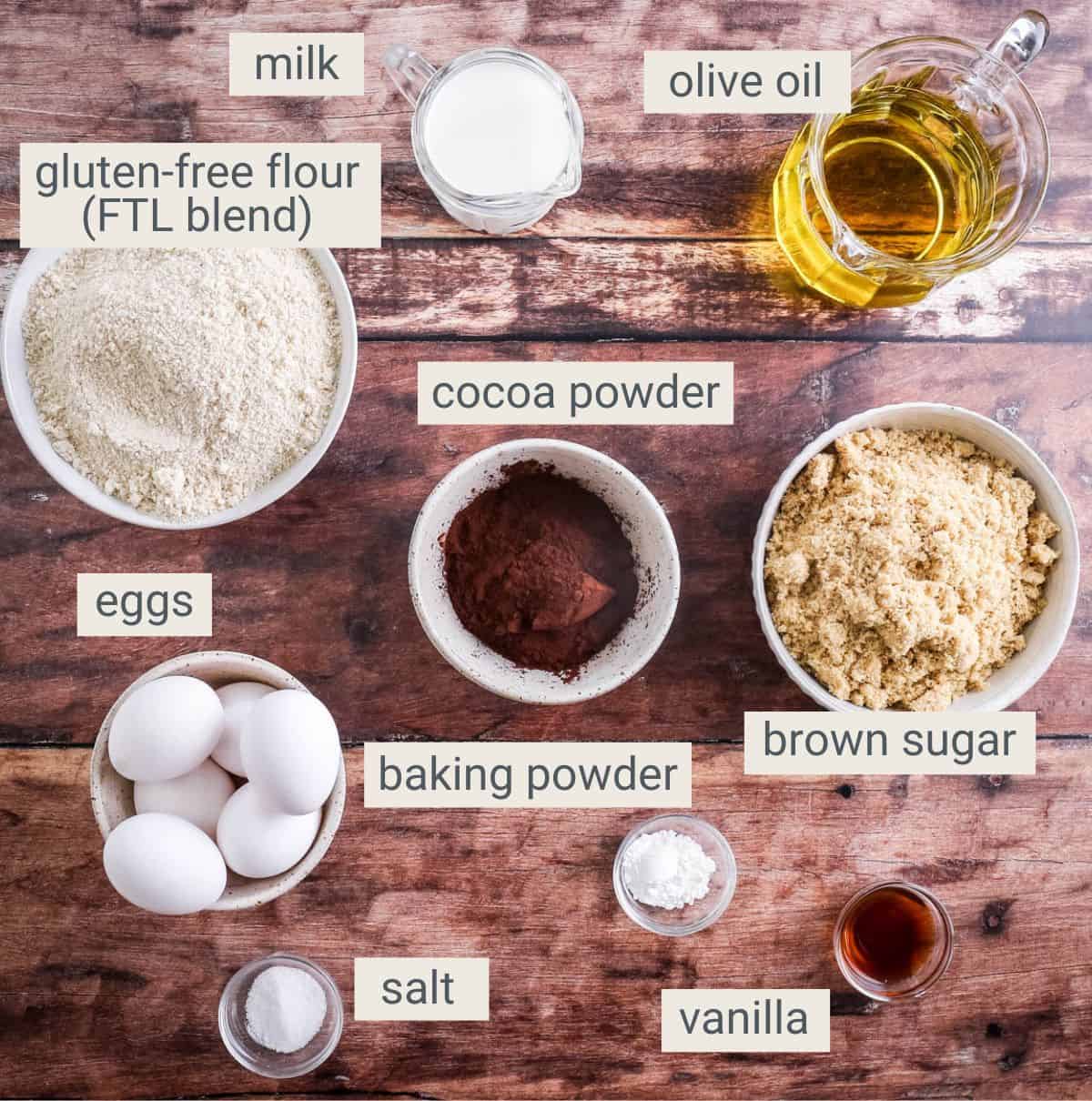 Gluten-Free Chocolate School Cake ingredients on a table.