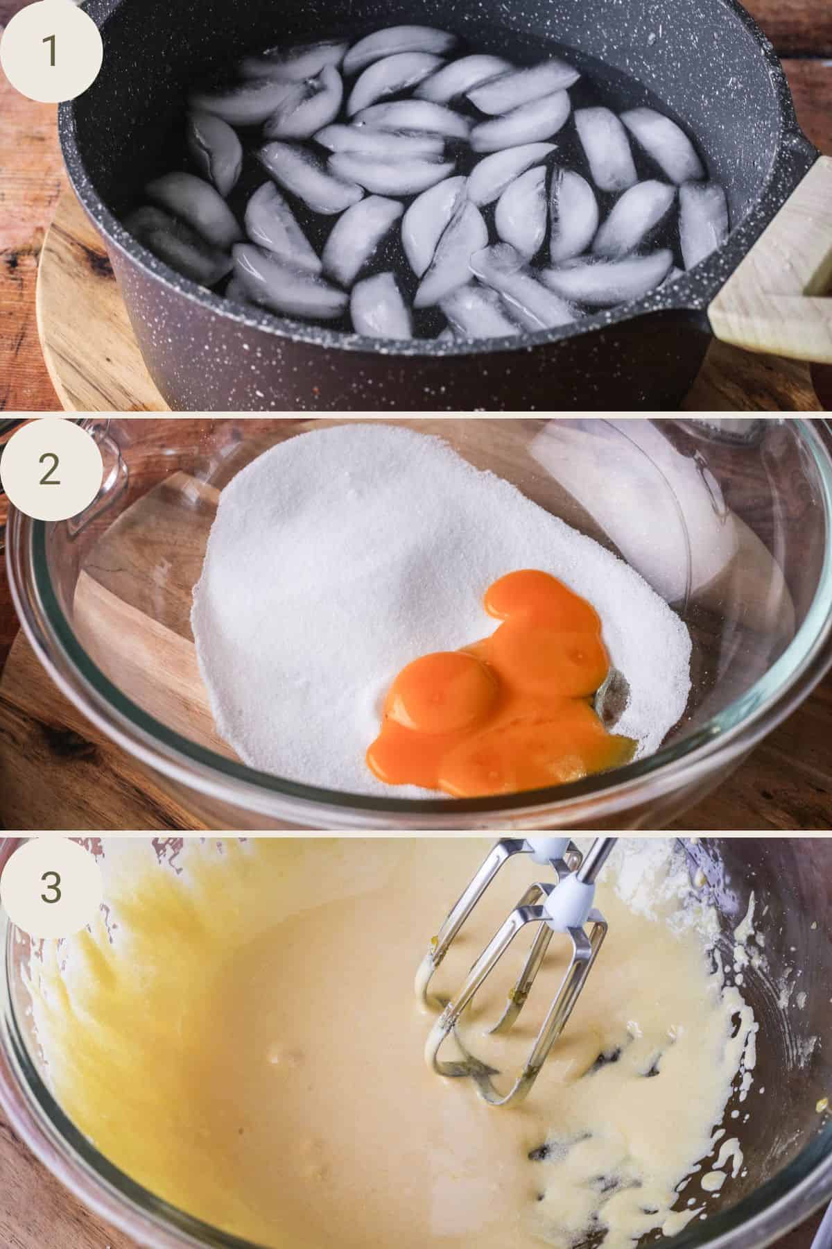 Iced water bath, sugar and egg yolks in a bowl, whisked until thick and creamy.