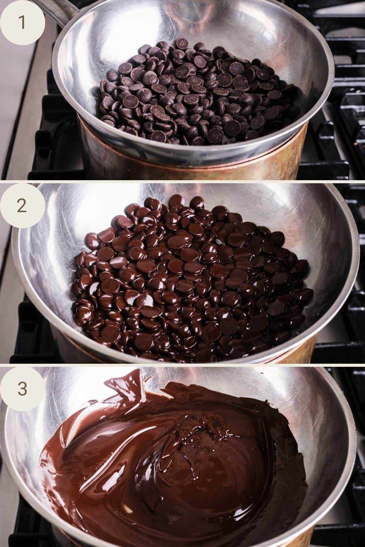 Chocolate melting in a pan set over a saucepan of hot water until it reaches 55°C.