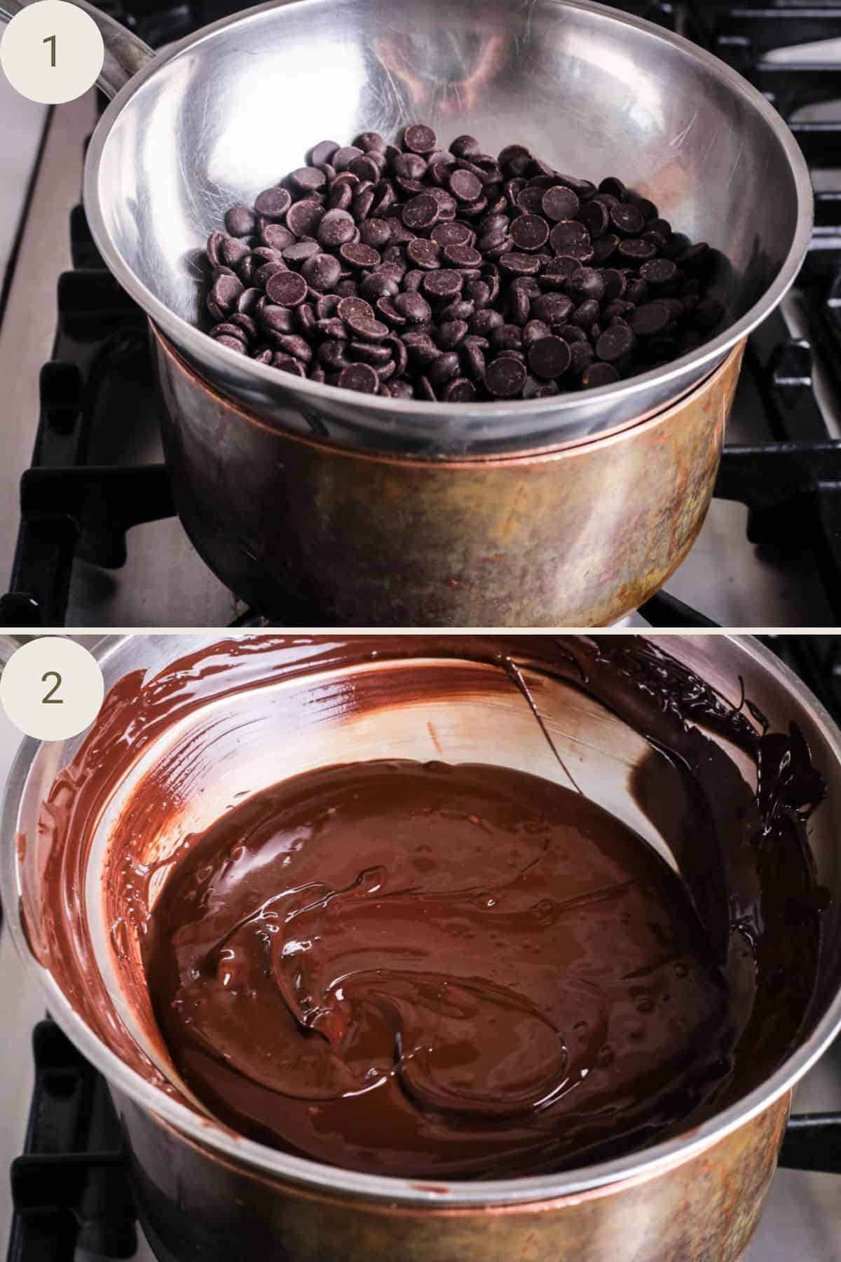 Dark chocolate melting in a bowl set over a pan of simmering water.