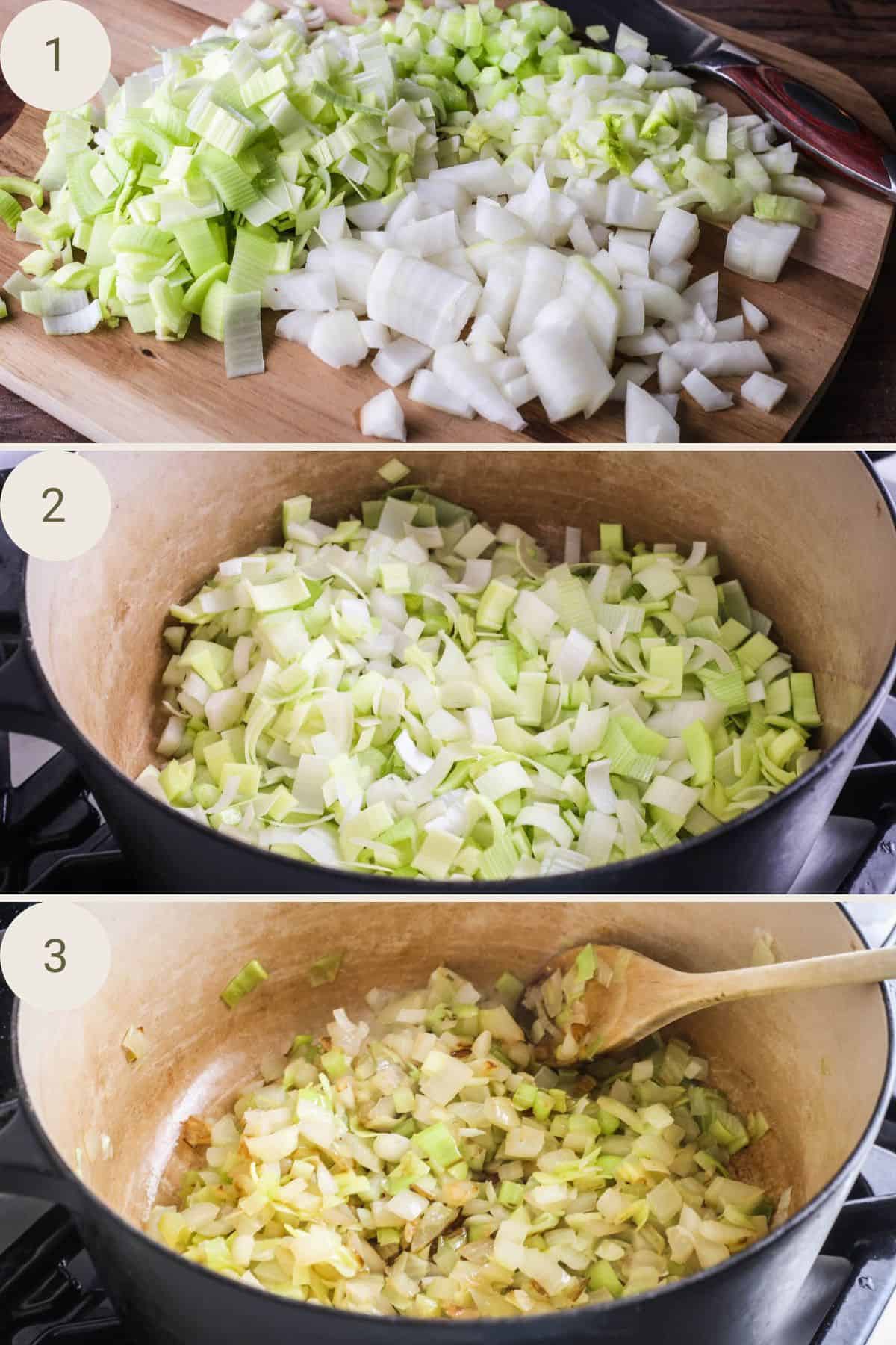 Vegetables diced evenly on chopping board then cooked in large pan until soft.
