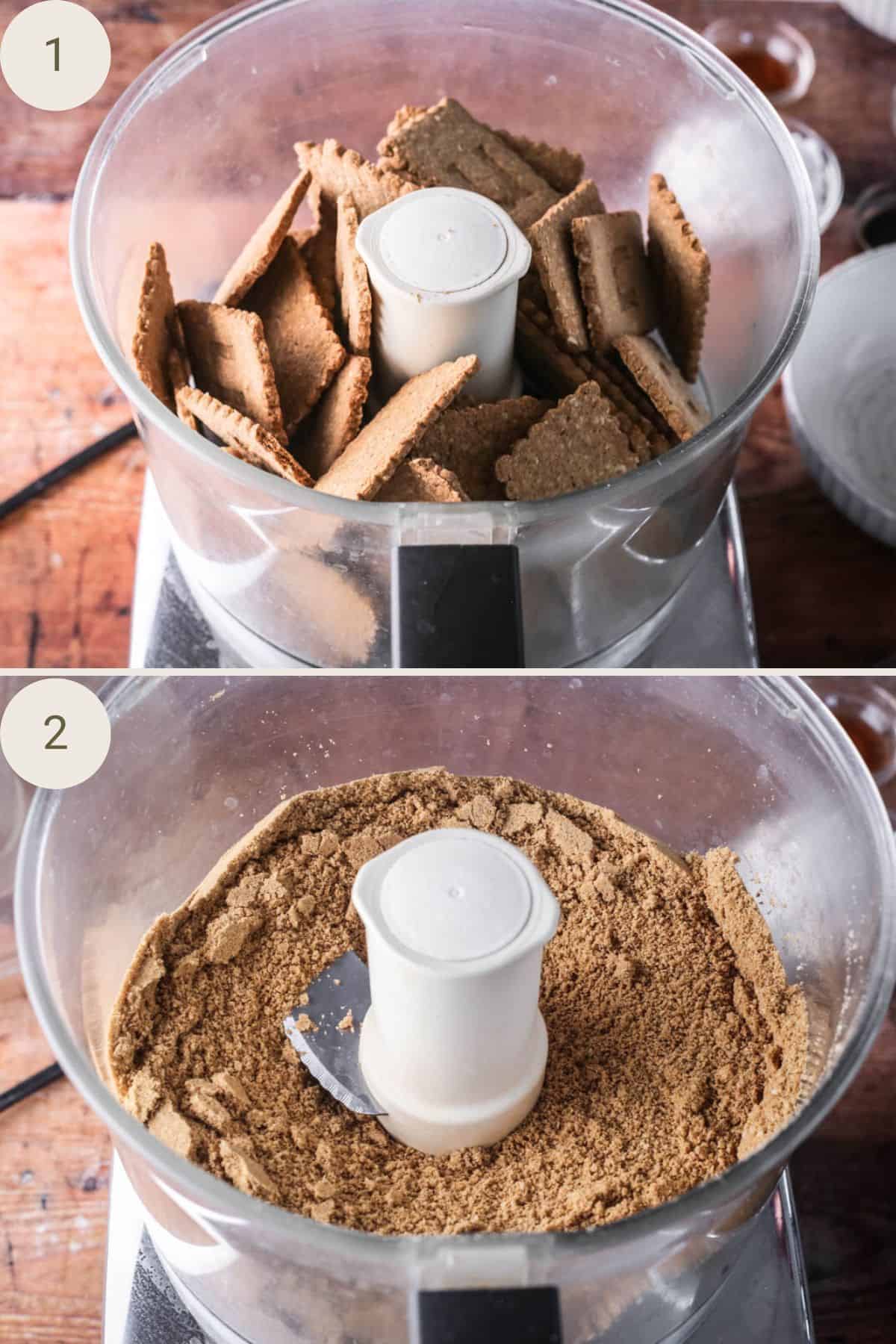Biscuits added to food processor and mixed to form fine breadcrumbs.