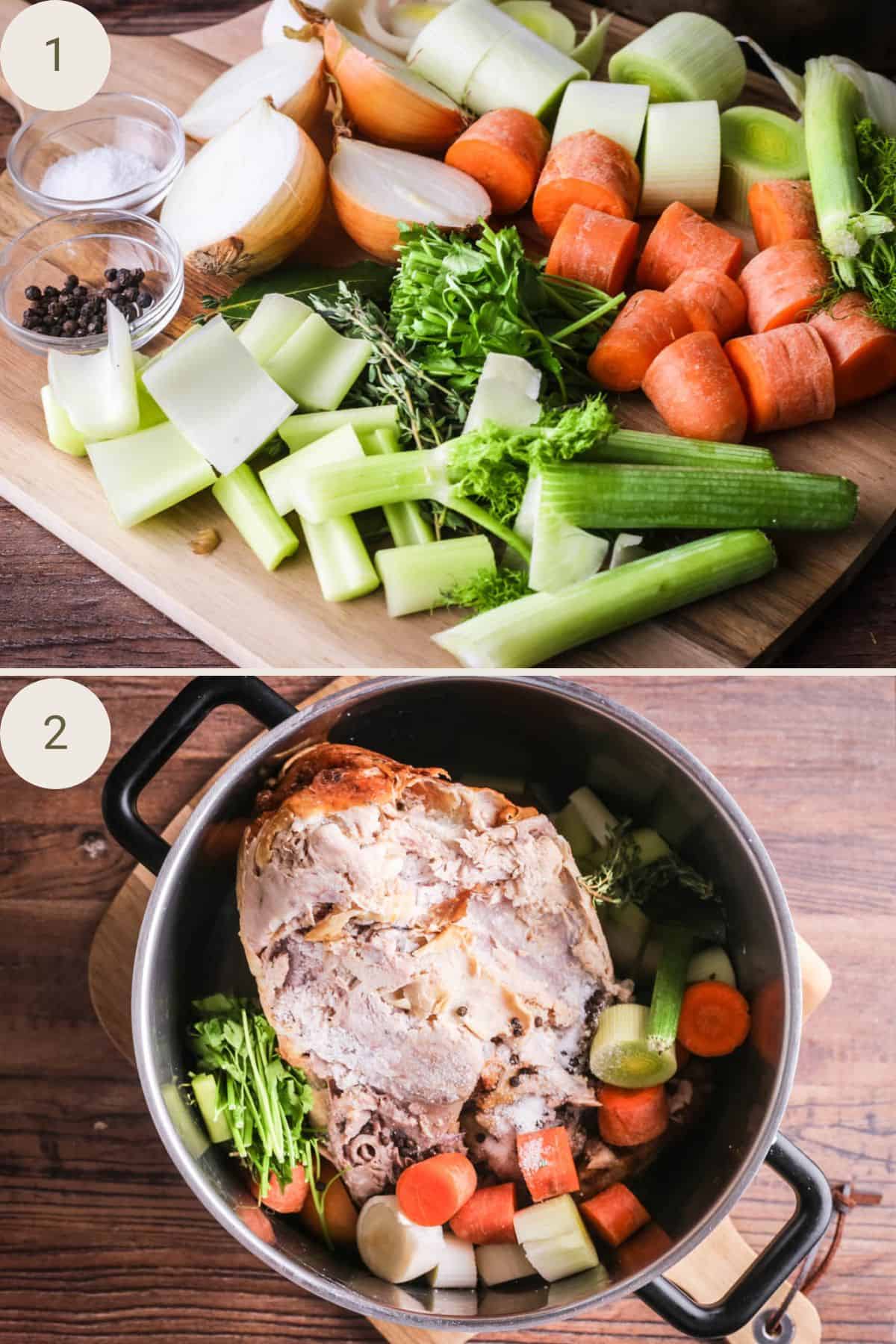 Vegetables roughly chopped on cutting board. Placed in the cooking pot with turkey carcass.