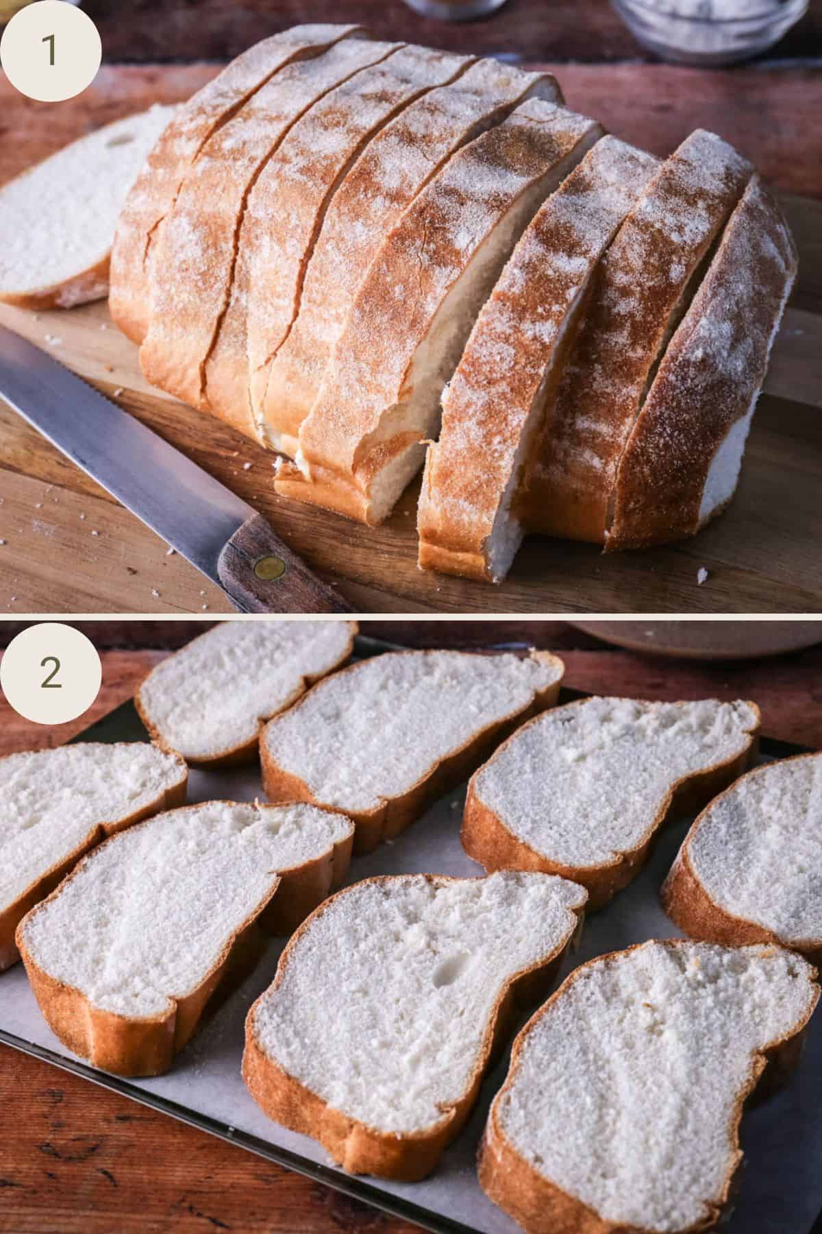 Gluten-free bread sliced and then put on baking tray to pre-toast.