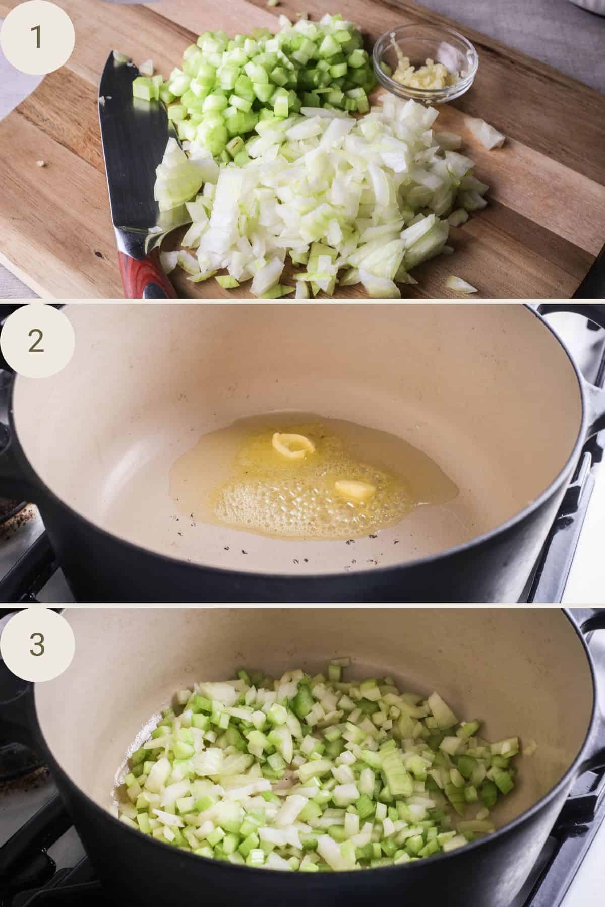 Celery and onion diced small. Butter and olive oil added to pan. Celery and onion added in.