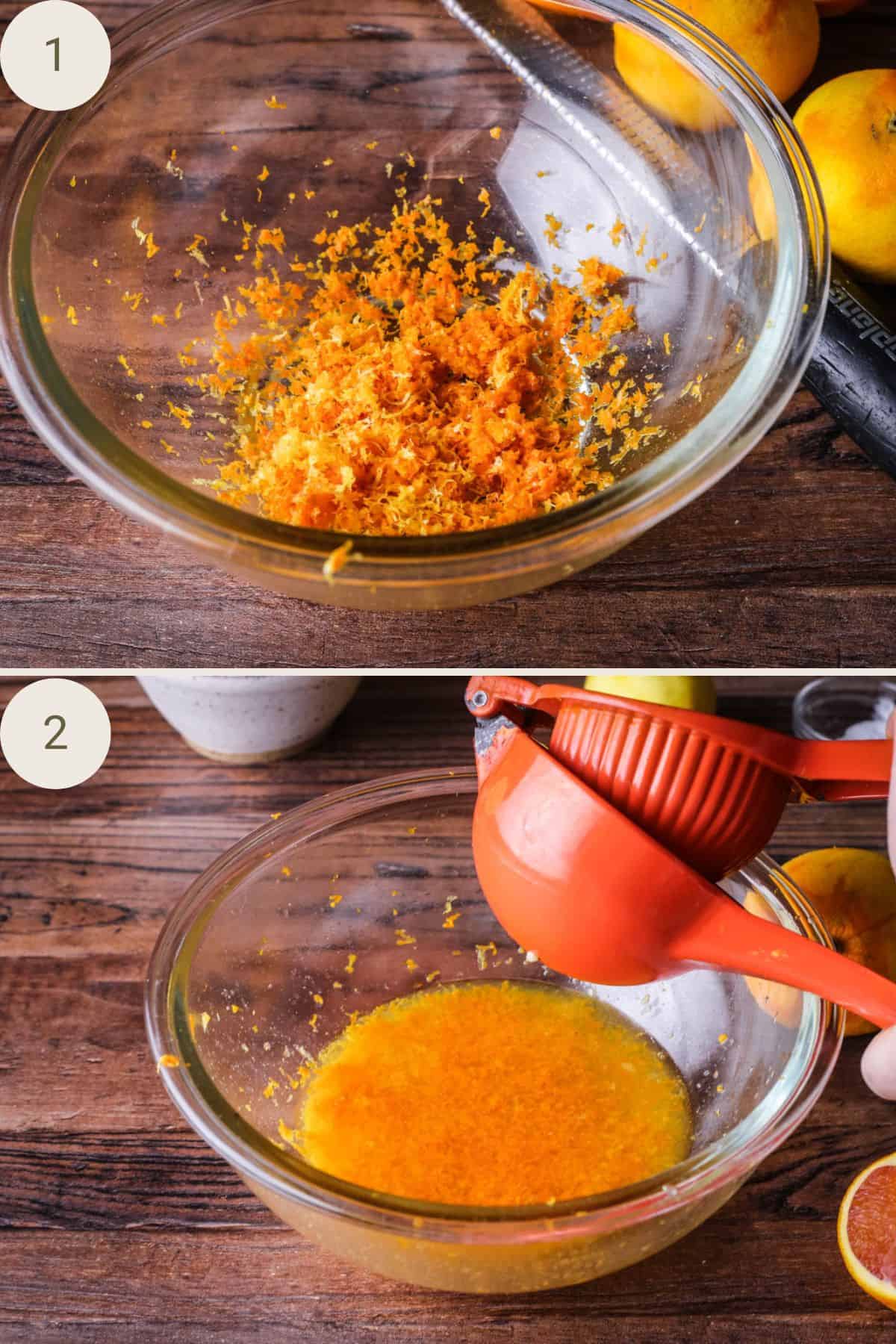 Orange and lemon zest in a bowl. Oranges juiced into bowl using Mexican elbow.