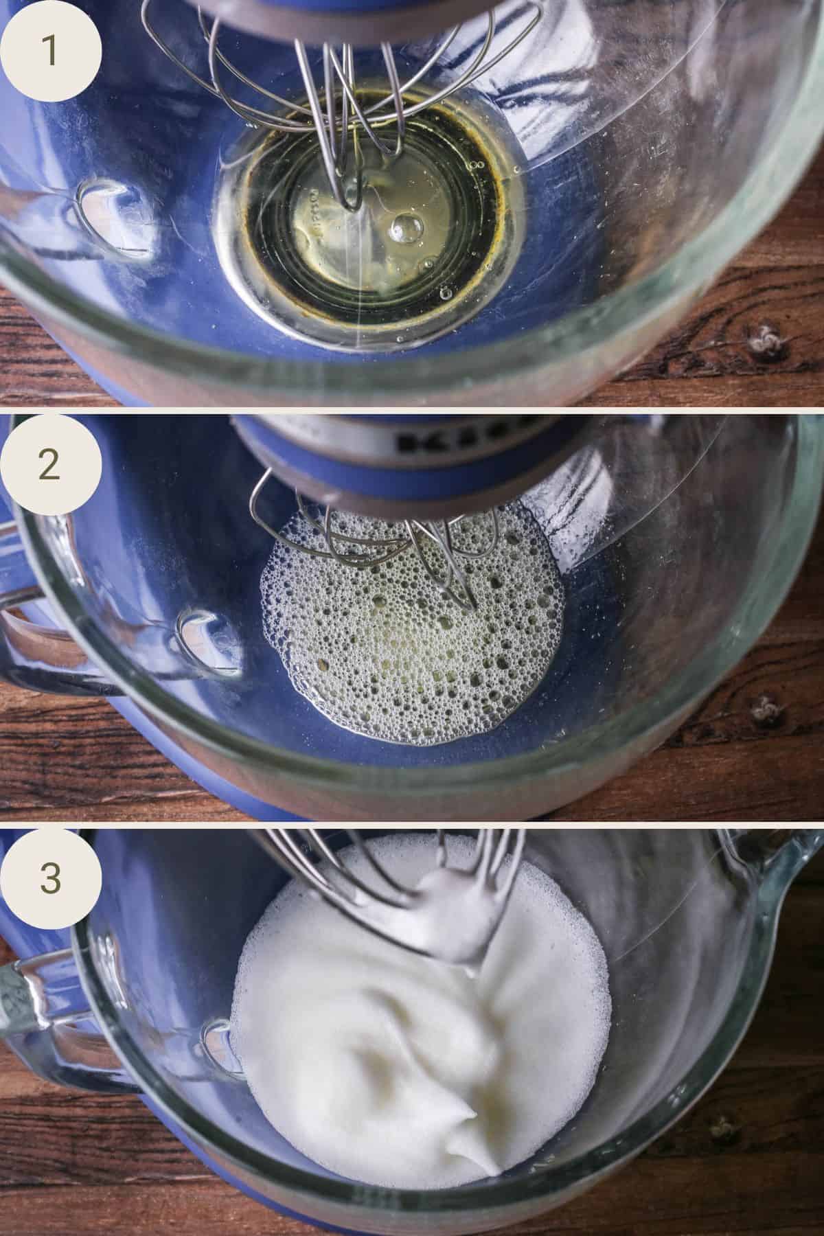 Egg whites in a stand mixer with whisk attachment. Whisked until frothy then continue until stiff peaks.