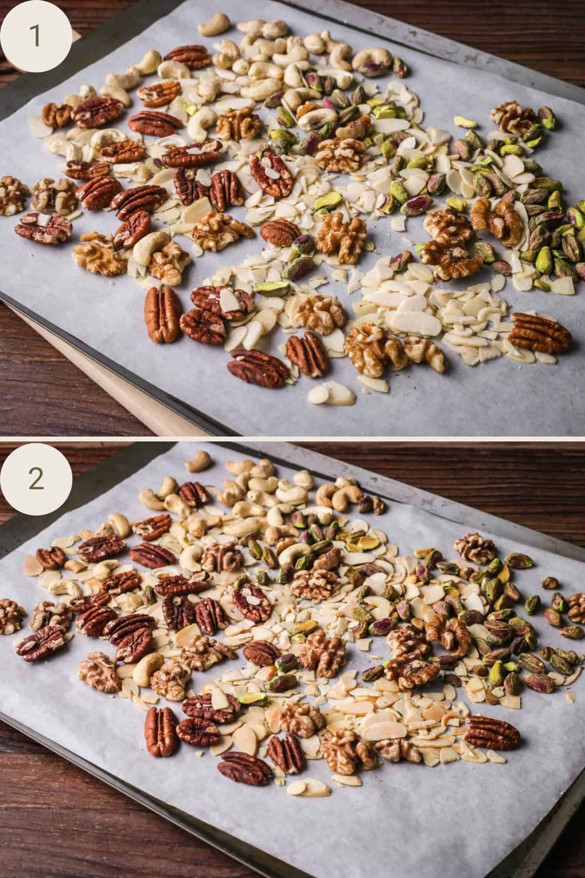 Mixed nuts on baking parchment on a baking tray before after roasting in the oven.