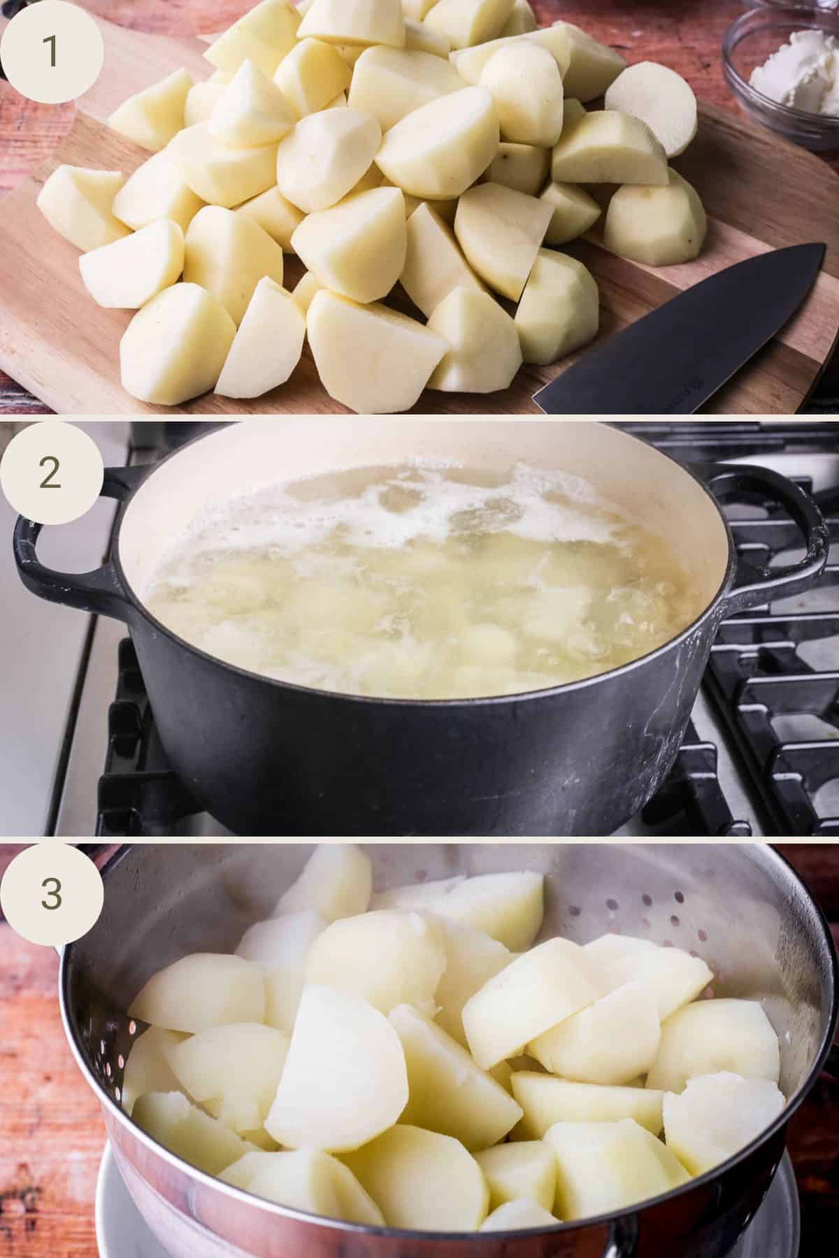 Cut potatoes on a cutting board, cooking in a big saucepan, draining in a colander.