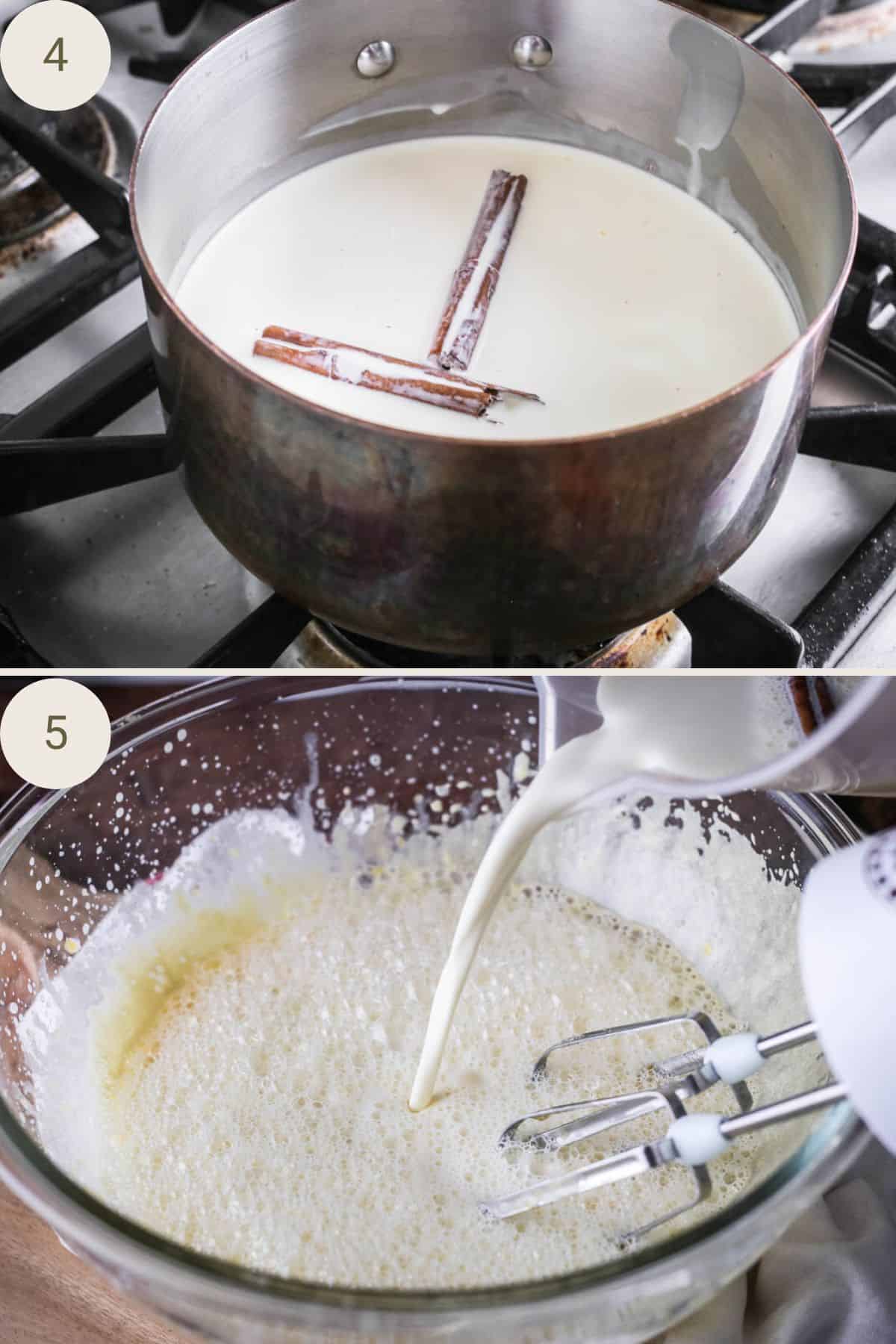 Cinnamon stick in saucepan with cream and milk. Heated then poured into eggs and sugar.