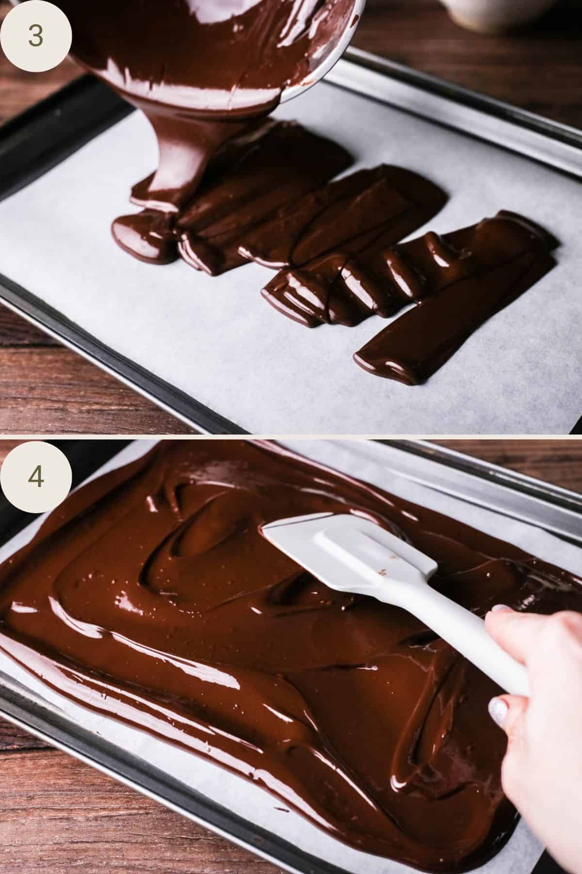 Dark chocolate poured out onto baking parchment lined baking tray and smoothed out to an even layer.