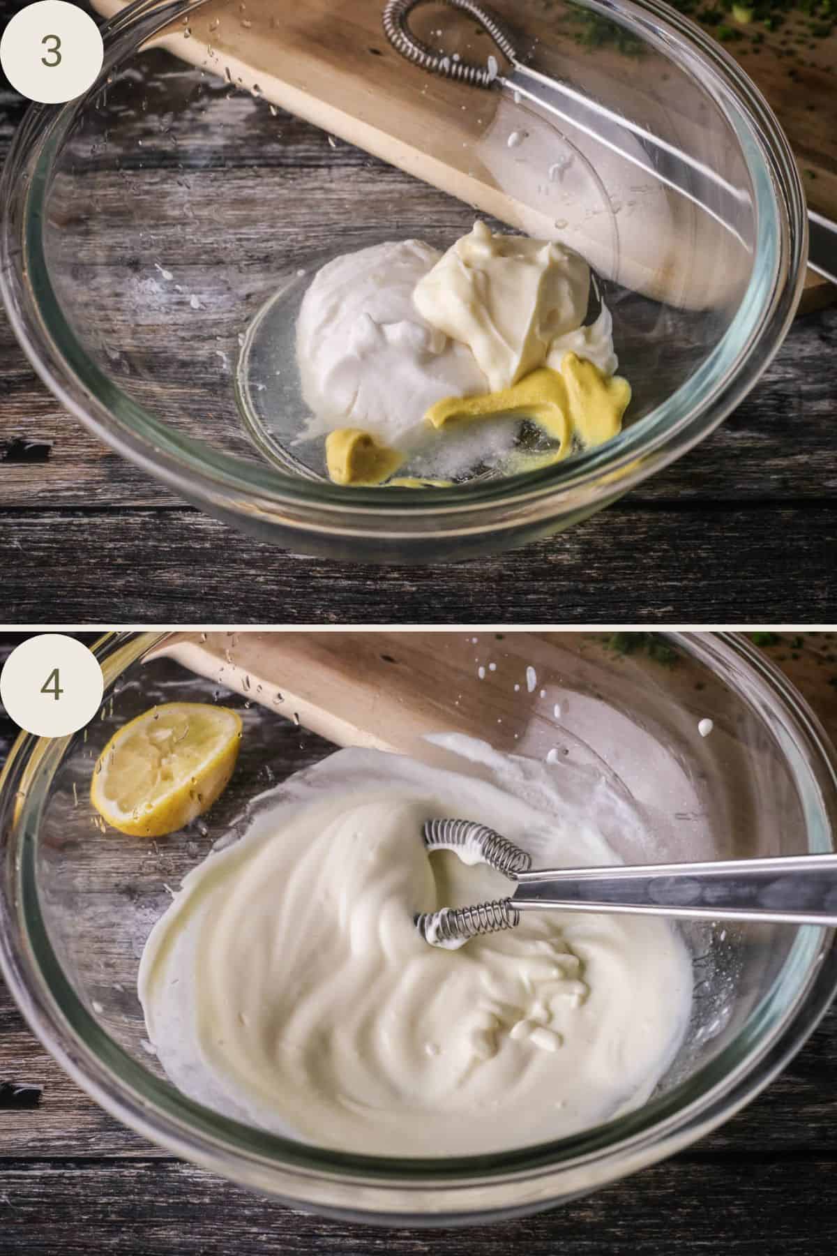 Dressing in a medium bowl for turkey salad and mixed together.