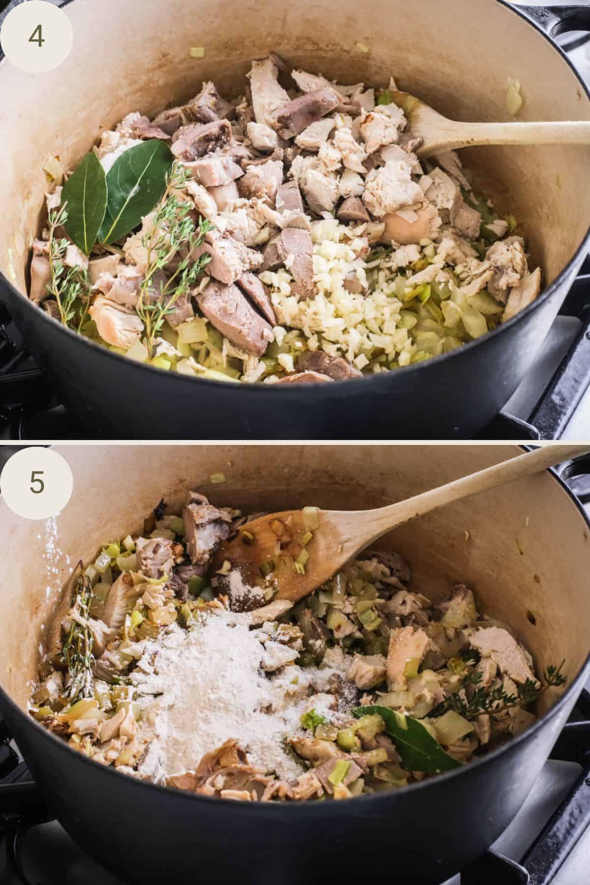 Turkey and herbs and garlic added to cooking pot, stirred in then followed by flour.