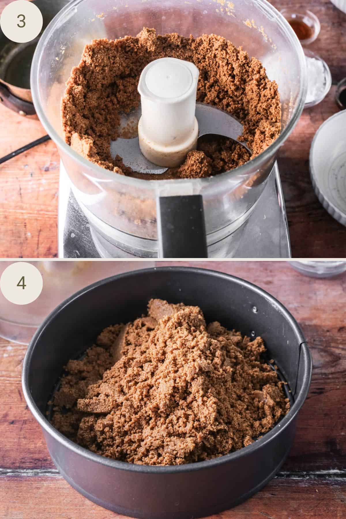 Melted butter added to food processor and mixed to form wet sand. Poured into springform tin.