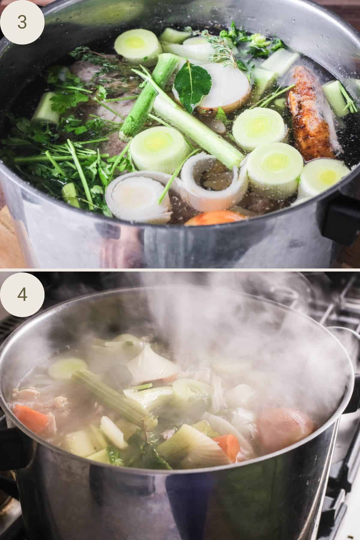Vegetables, aromatics and poultry bones covered by water in the cooking pot before cooking and during cooking on the stove.
