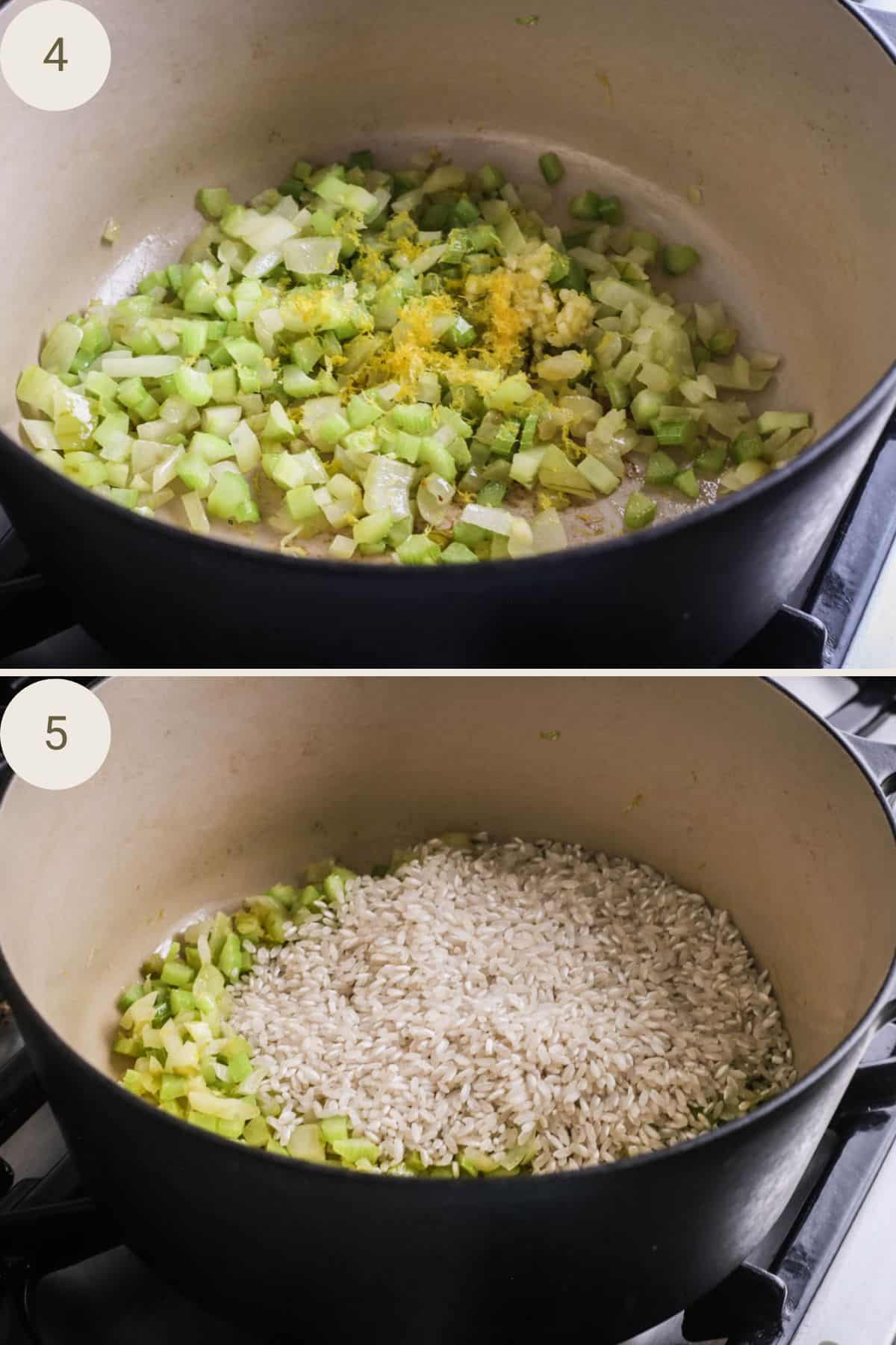 Vegetables softened and garlic and lemon zest added, followed by arborio rice.