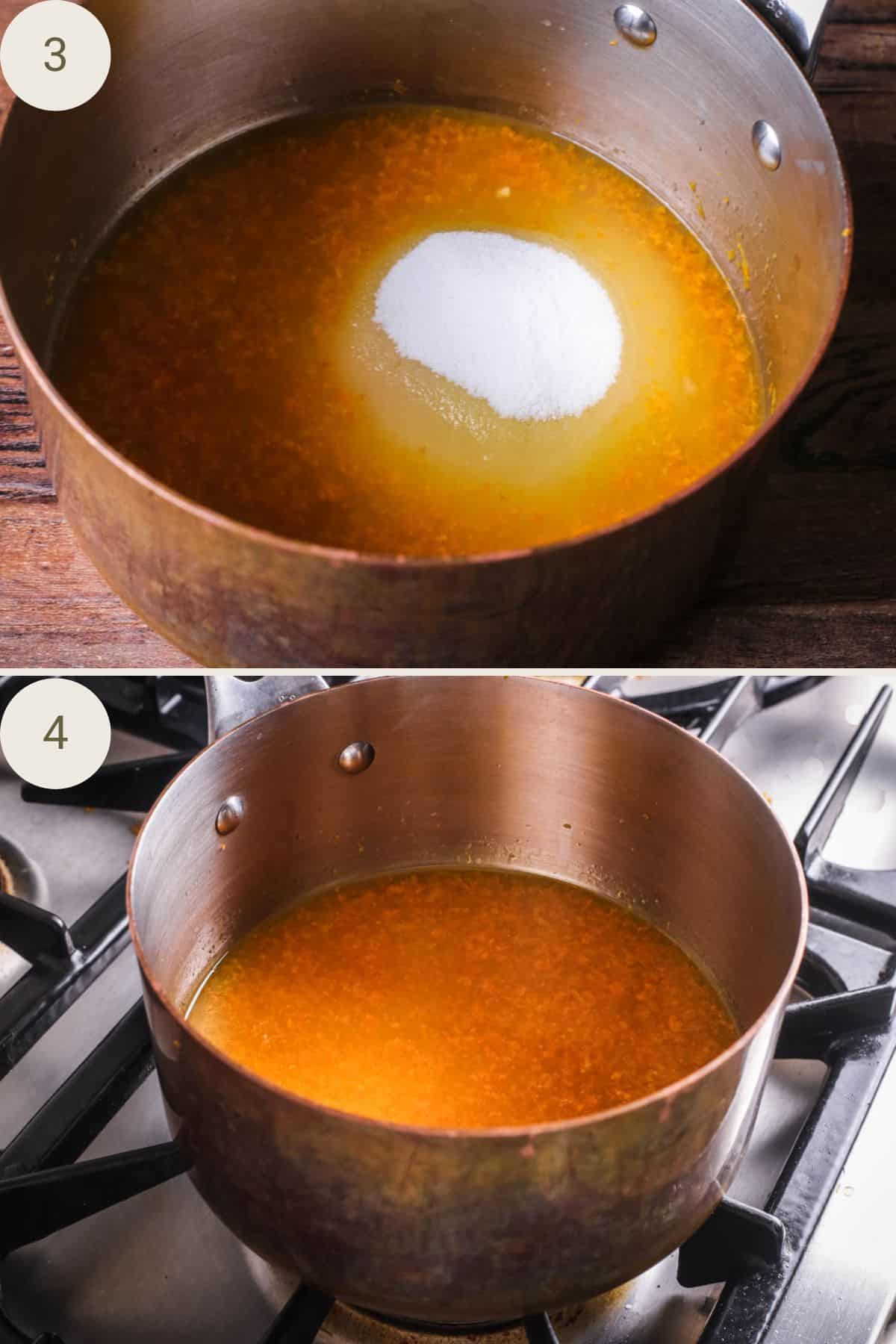 Sugar and citrus juice and zest placed in large saucepan. Placed on heat.
