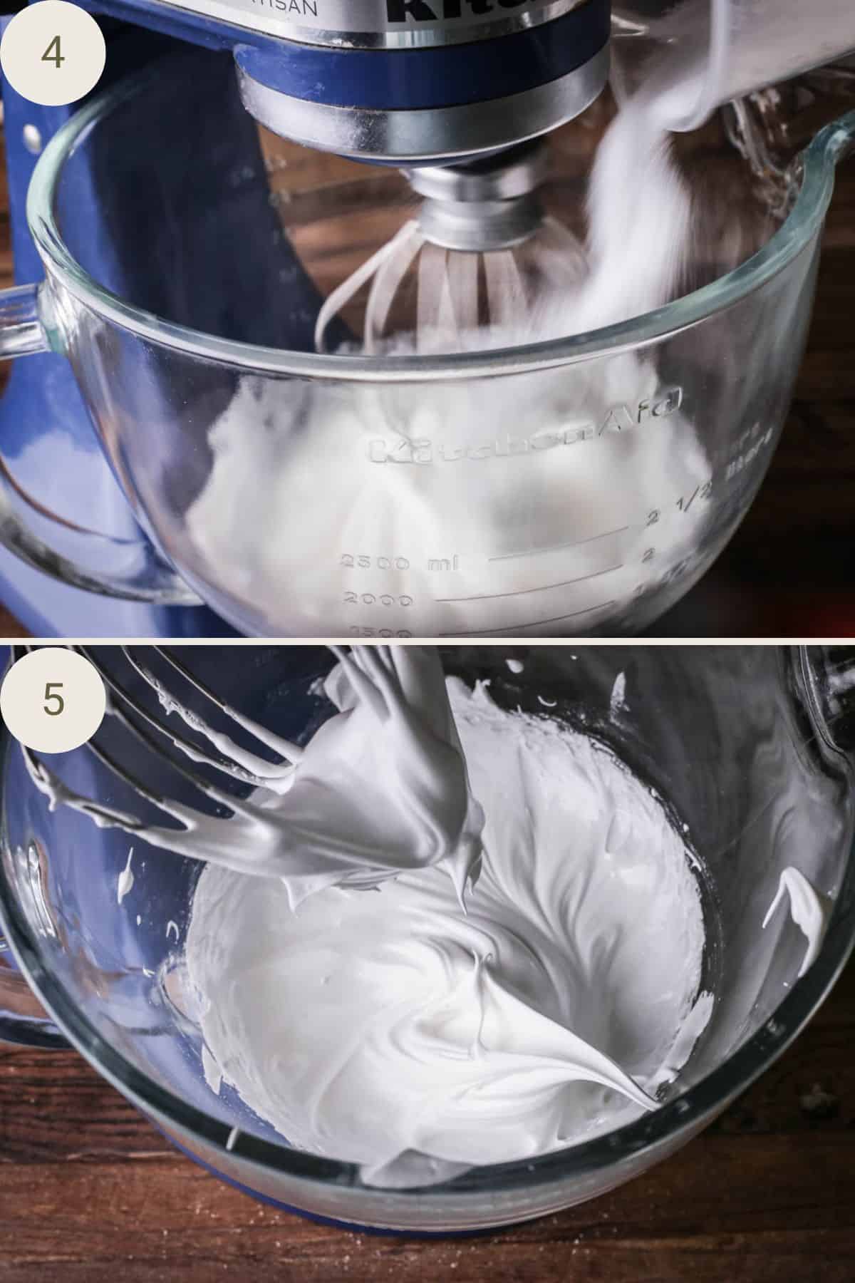 Caster sugar added slowly into whisked egg whites. Whisked until stiff peaks.