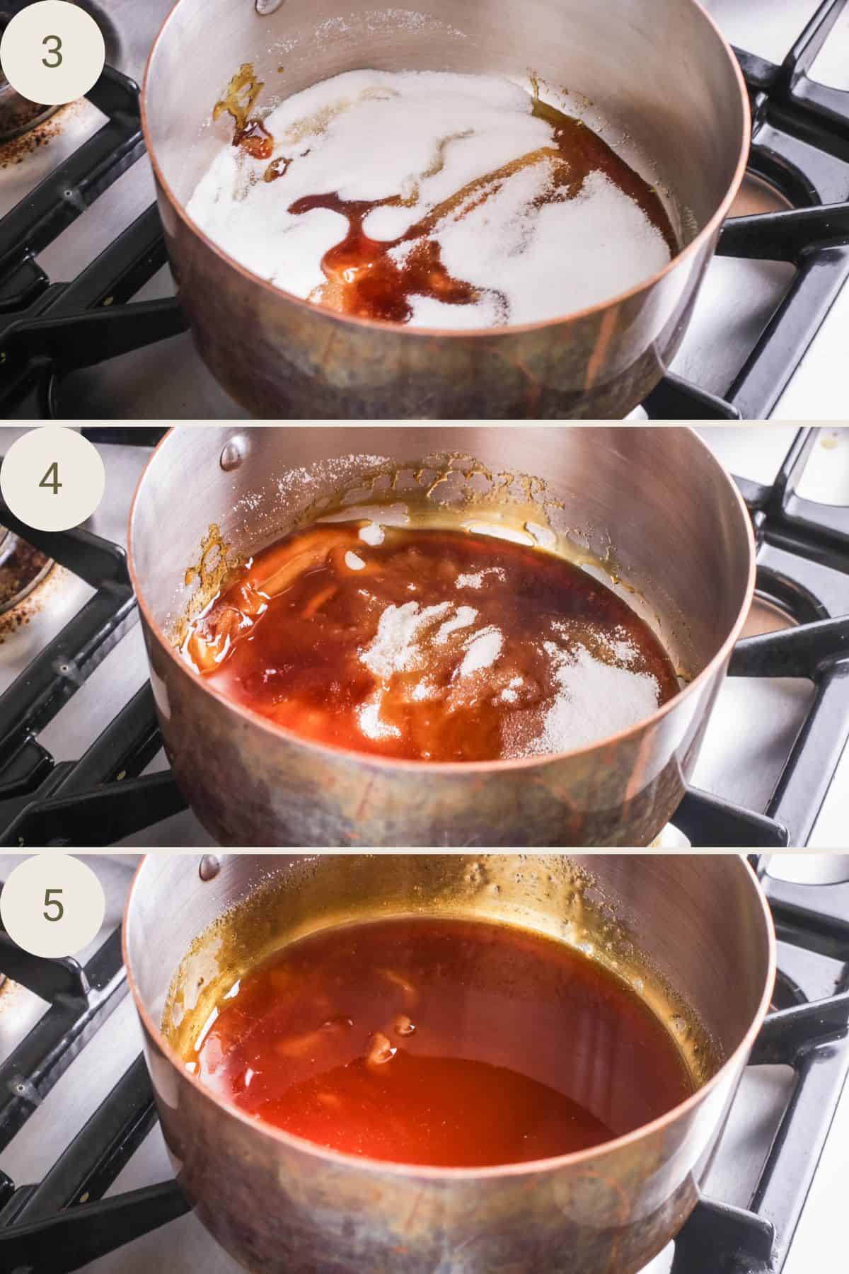 Sugar melting into a caramel in a heavy bottomed saucepan.