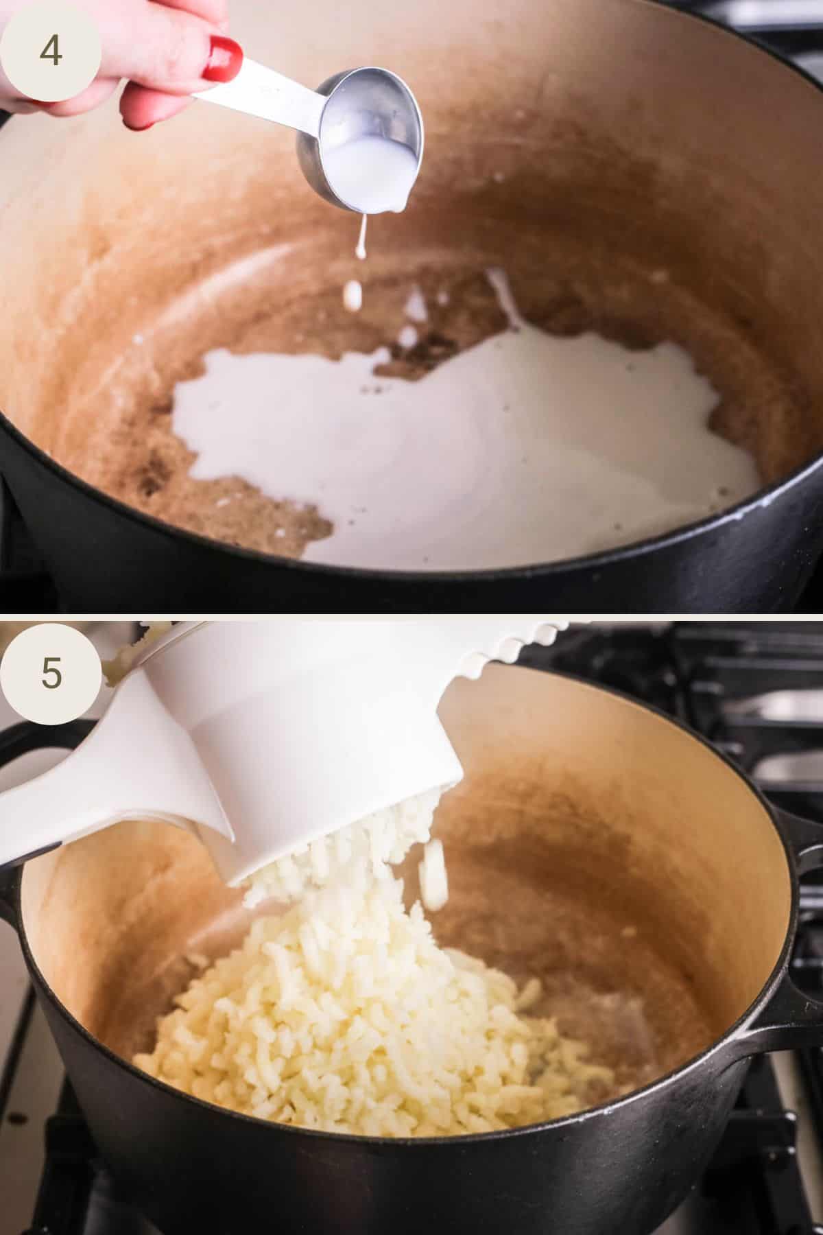 Milk added to warm but empty cooking pot. Potatoes riced into warm milk.