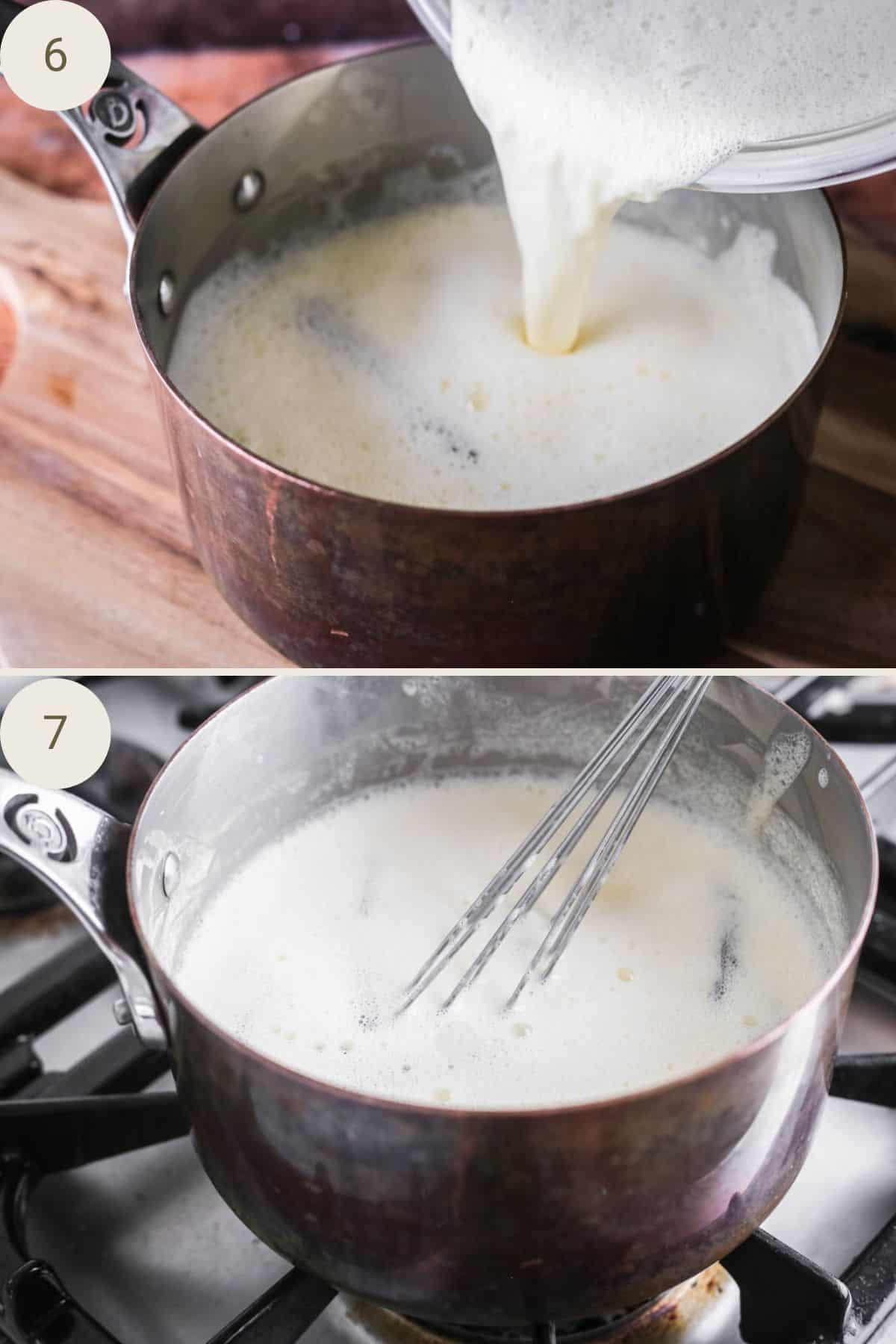 Custard base poured back into saucepan, heated and whisked until thick.