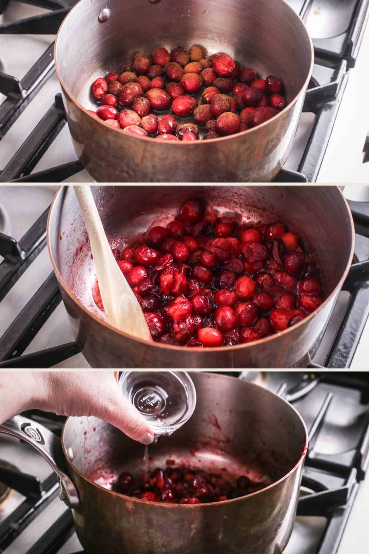 Cranberries and cinnamon cooking in sugar syrup until cranberries have started to burst. Orange liqueur poured in.
