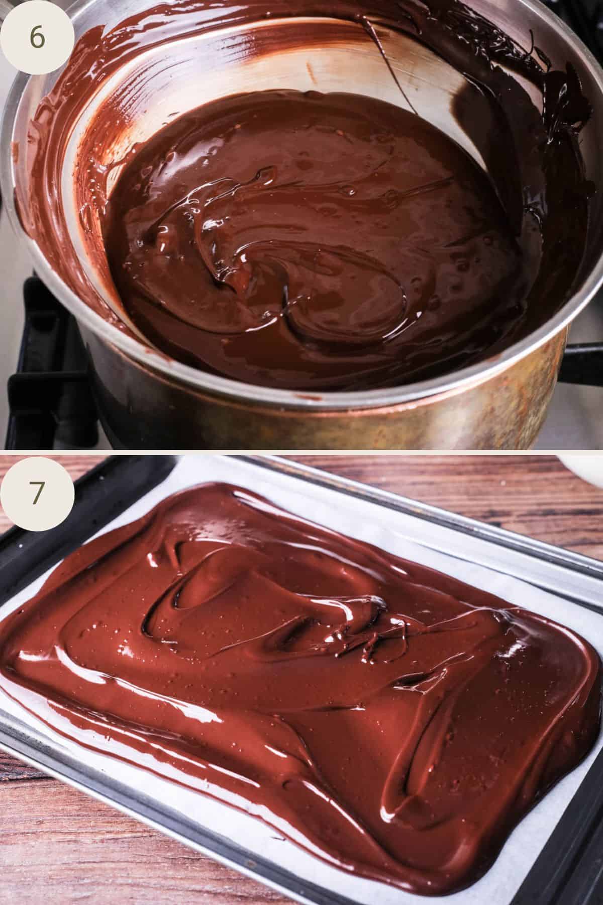 Chocolate heated again to reach 31-32°C which is when the chocolate is in temper. Poured out onto baking parchment to set.