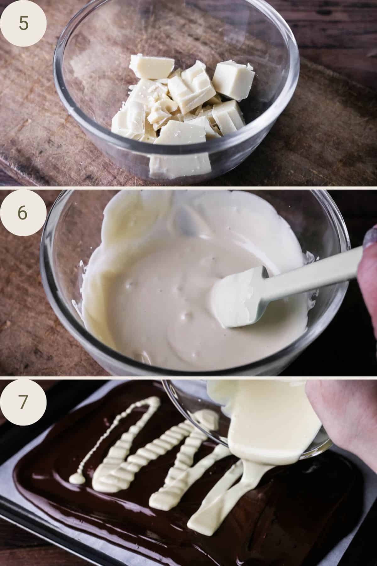 White chocolate in a bowl before and after melting. Poured over dark chocolate in zig zags.