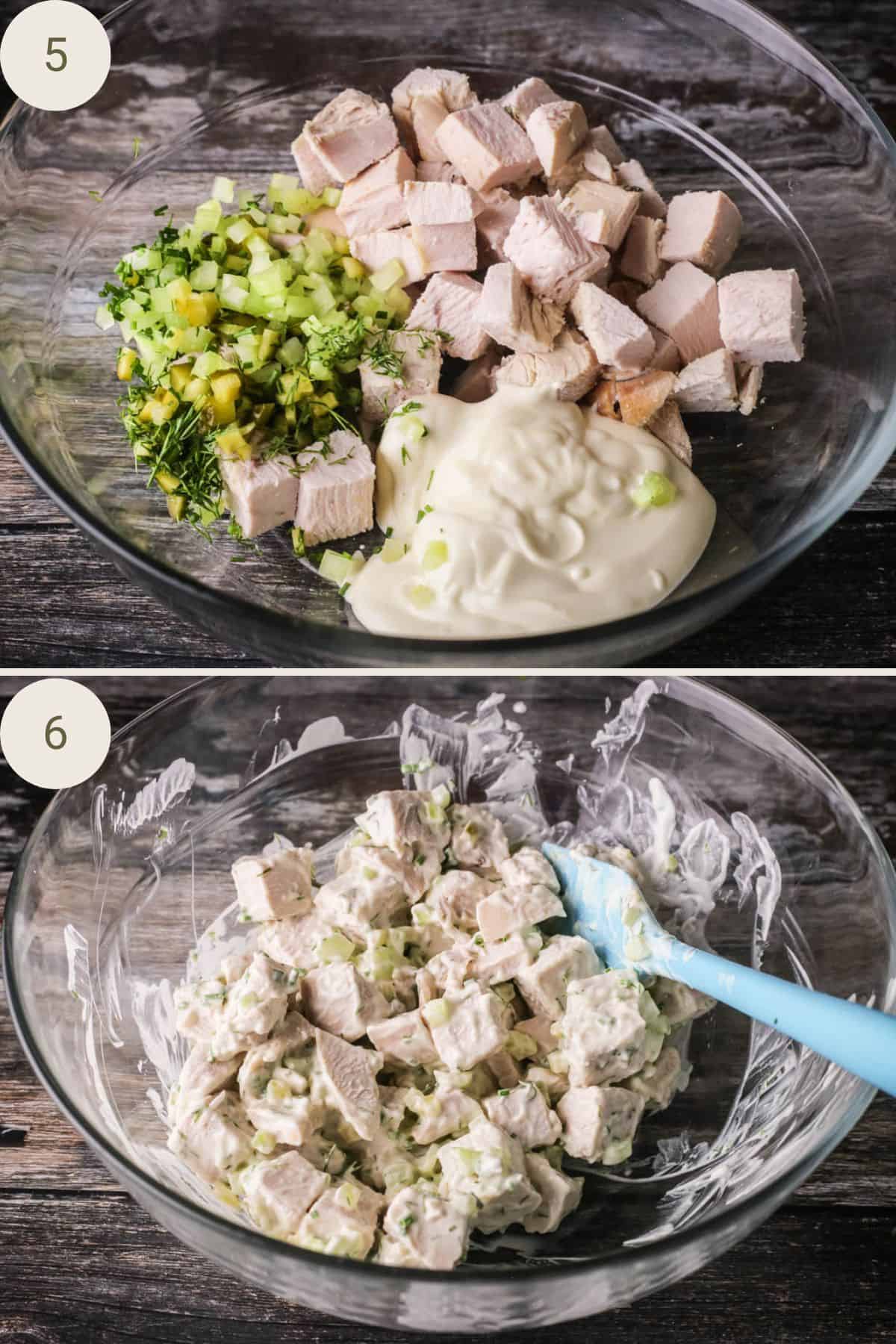 Turkey salad ingredients assembled in bowl. Mixed together.