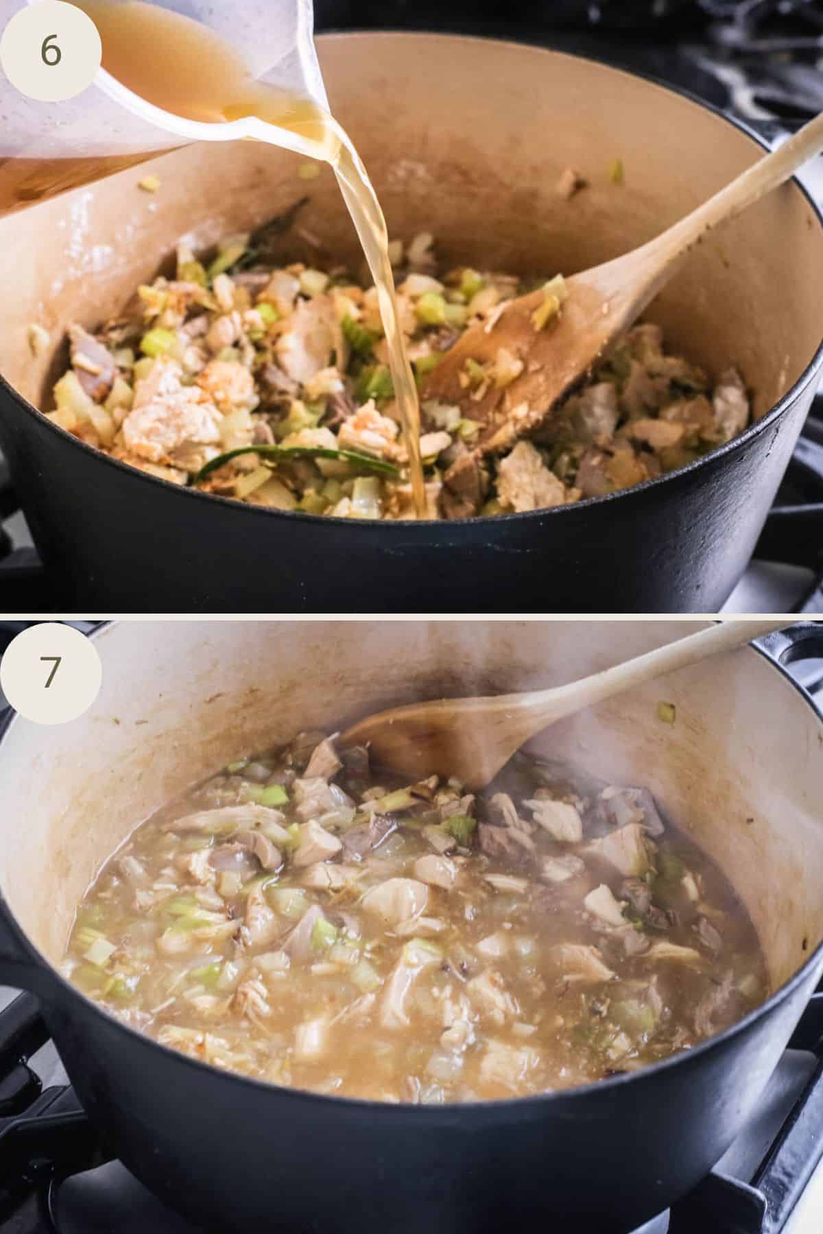 Stock slowly poured into turkey filling then mixed in until thick and smooth.