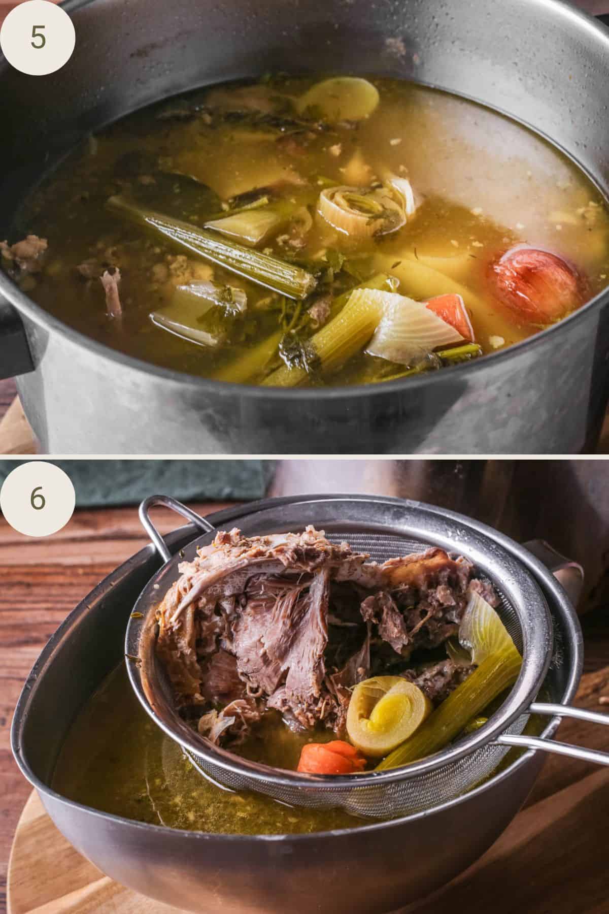 Stock finished cooking in the stock pot showing deep rich golden colour. Stock strained into large bowl suitable for pouring.