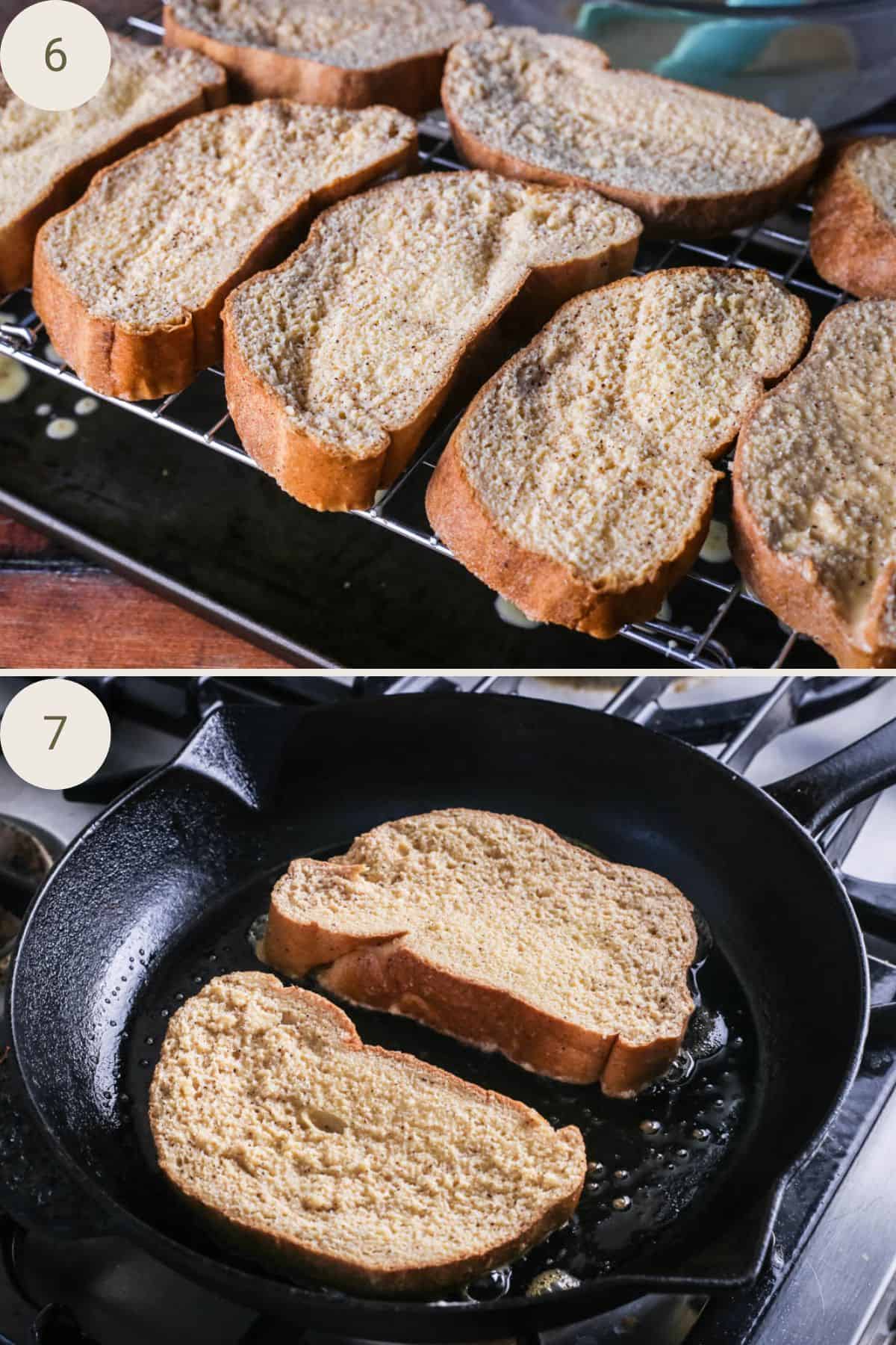 Slices of soaked gluten-free bread and then added to pan to cook in butter.