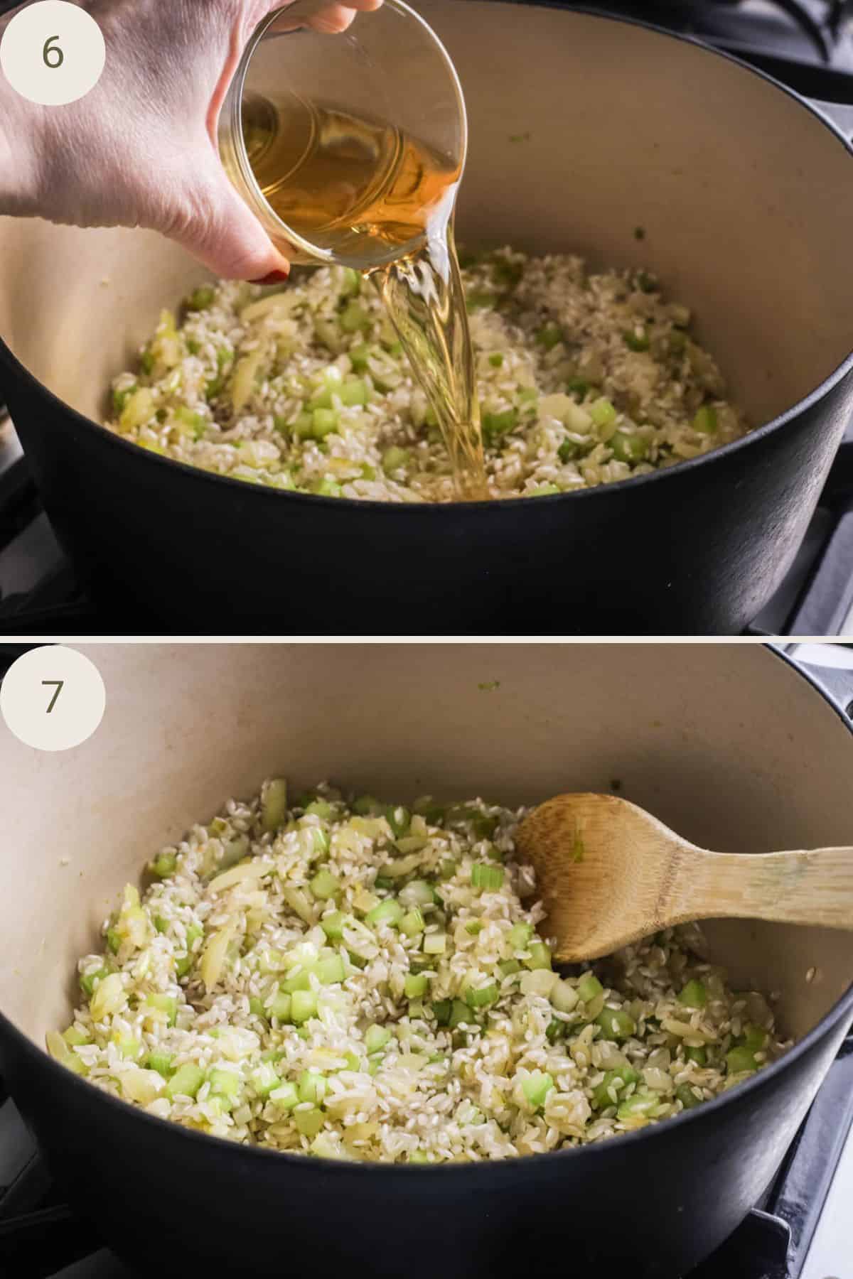 Vermouth added to deglaze pan and stirred into rice.