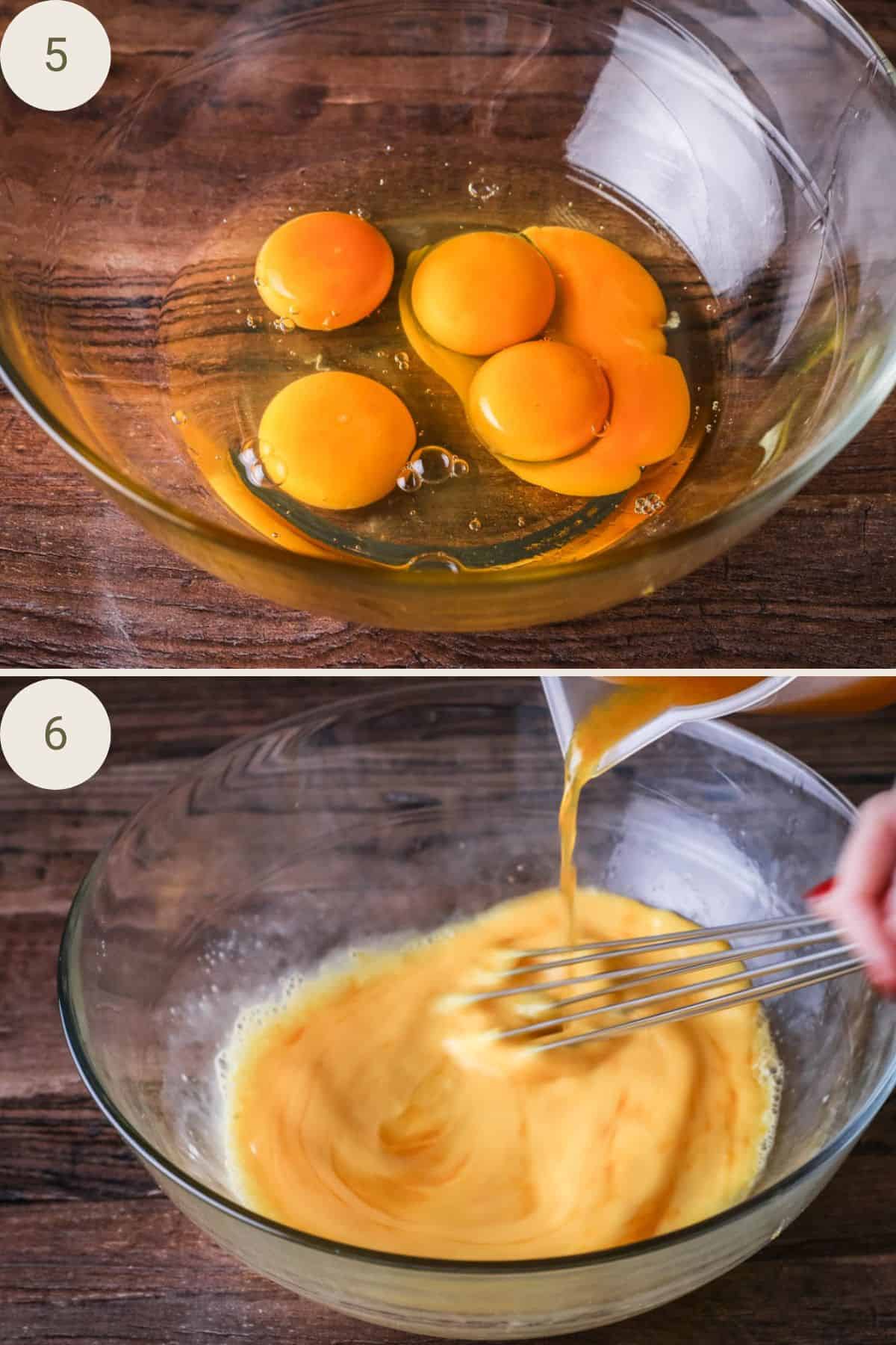 Eggs in a large mixing bowl. Whisked together then the hot orange juice slowly being poured in as whisking continues.