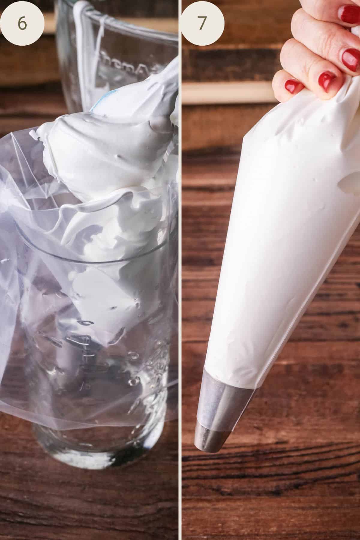 Piping bag rested inside glass. Egg whites spooned into piping bag. Piping bag filled with meringue mixture.