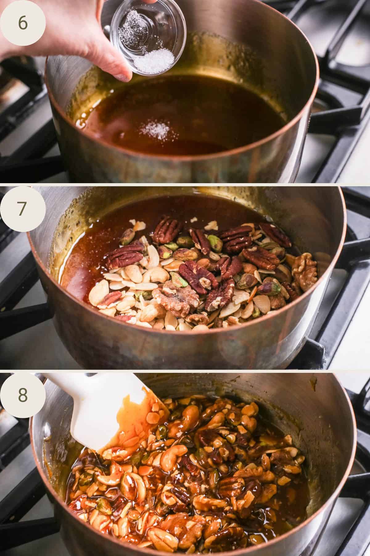 Salt added to caramel followed by roasted nuts, turning them over in the caramel.