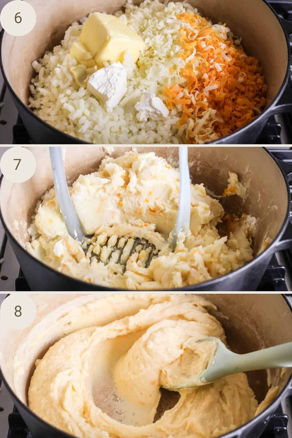Cream cheese, cheddar, red leicester, butter, dijon added to riced potatoes. Lightly mashed with handheld mash and then finished with stirring with a silicone spoon.