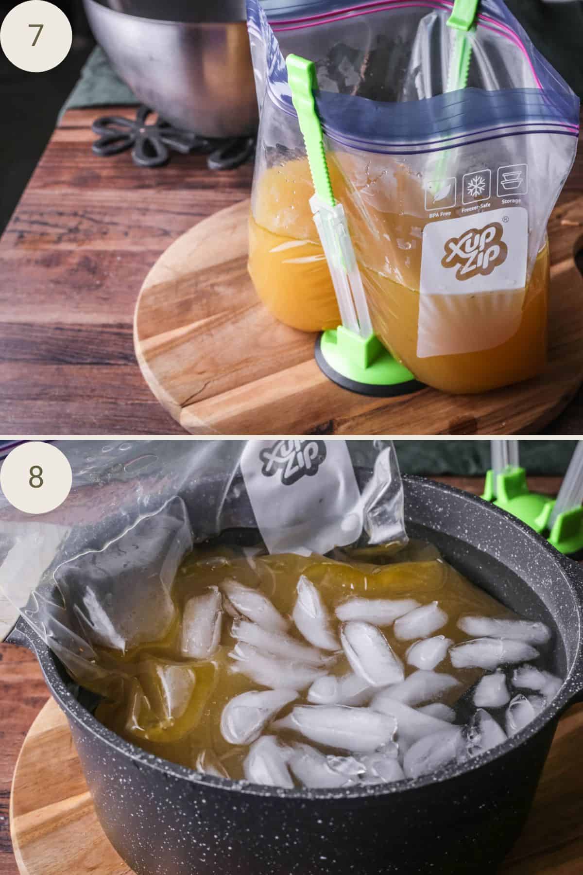 Homemade stock poured into food storage bag held up by food bag clips. Storage bag placed into ice bath.